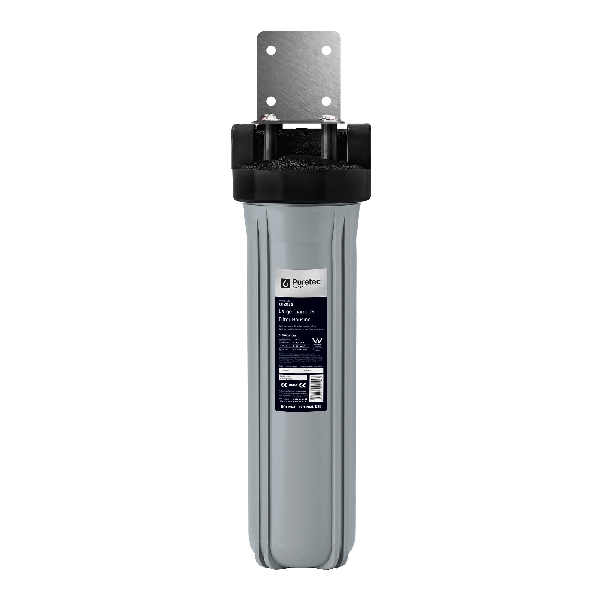 Puretec LD2025K Large Diameter Filter Housing Kit, 20 inch, Silver , 1" conn, on white