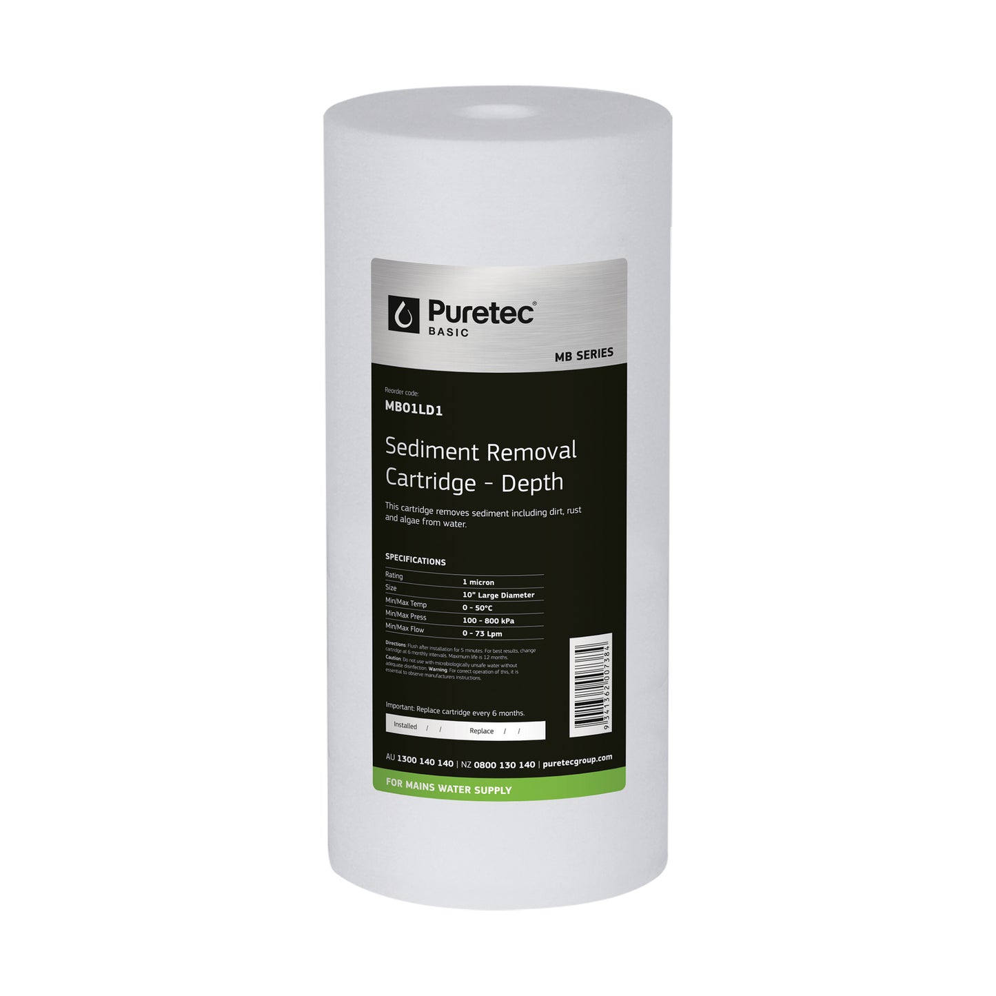 Puretec MB01LD1 Melt Blown Sediment Large Diameter Cartridge, 10 inch, 1um, on white