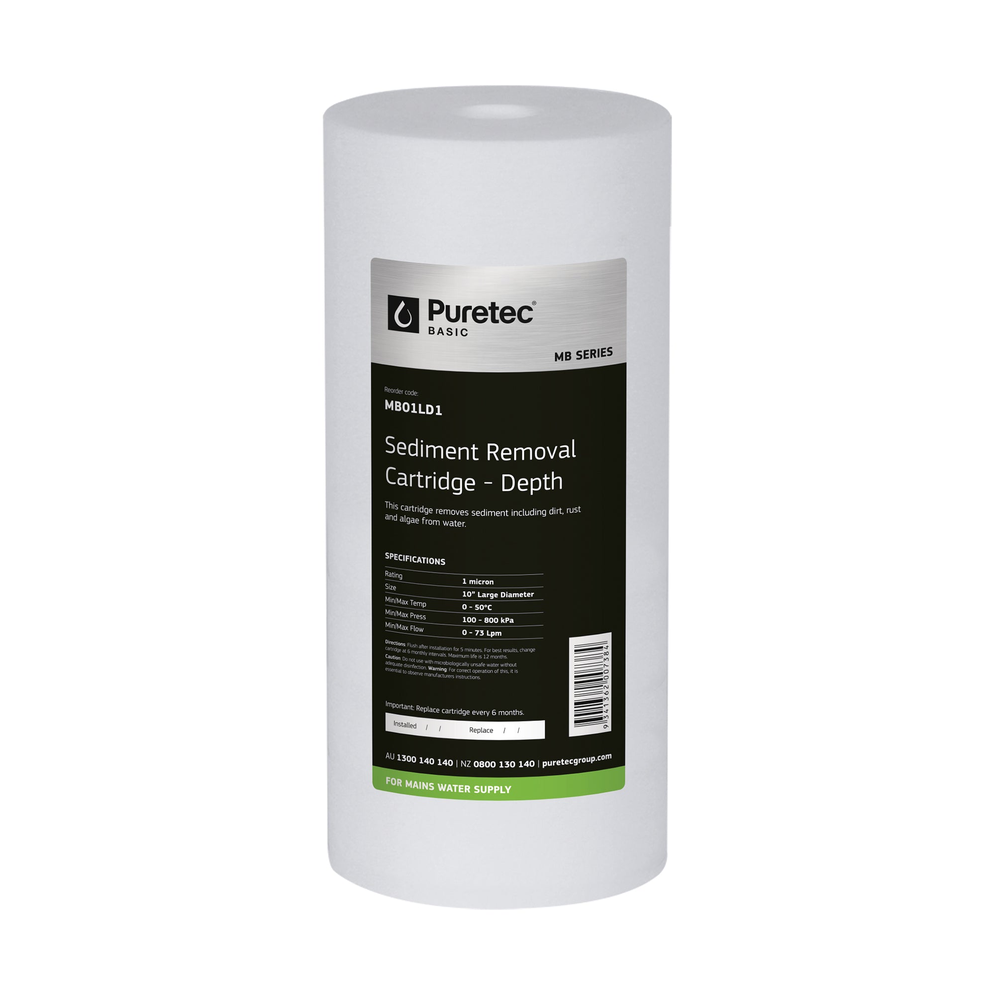 Puretec MB01LD1 Melt Blown Sediment Large Diameter Cartridge, 10 inch, 1um, on white