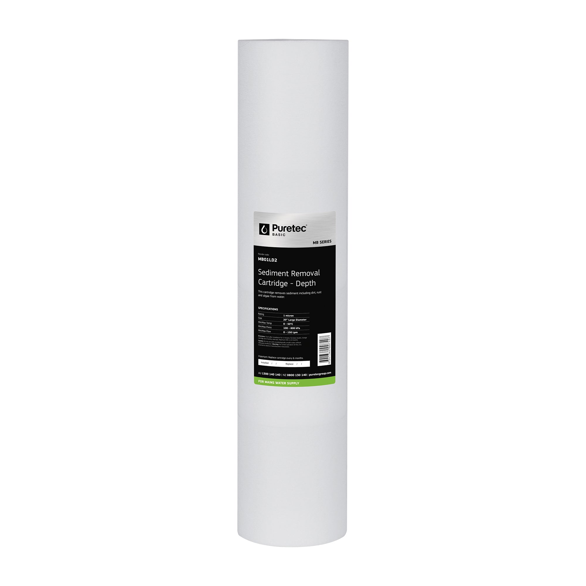 Puretec MB01LD2 Melt Blown Sediment Large Diameter Cartridge, 20 inch, 1um, on white