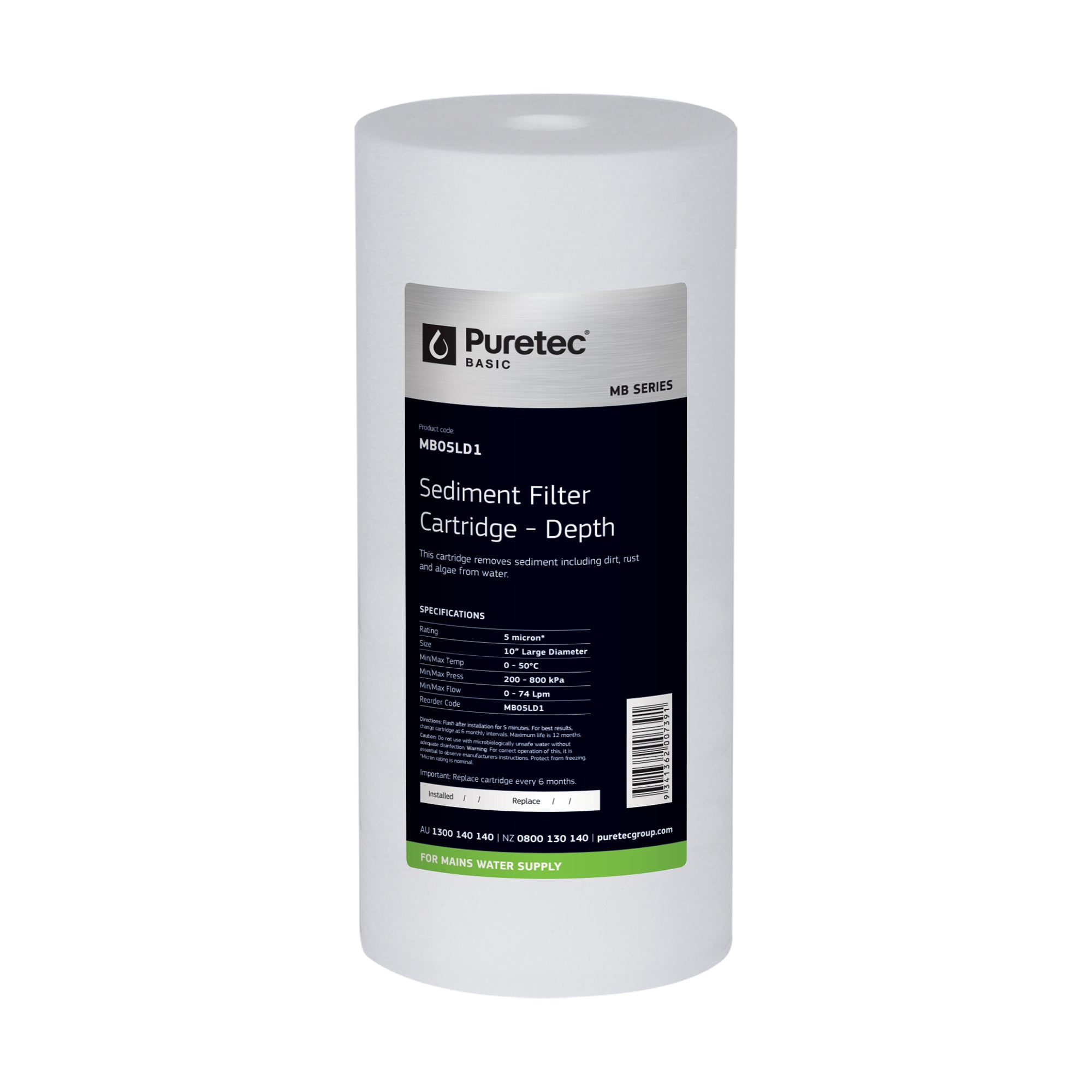Puretec MB05LD1 Melt Blown Sediment Large Diameter Cartridge, 10 inch, 5um, on white