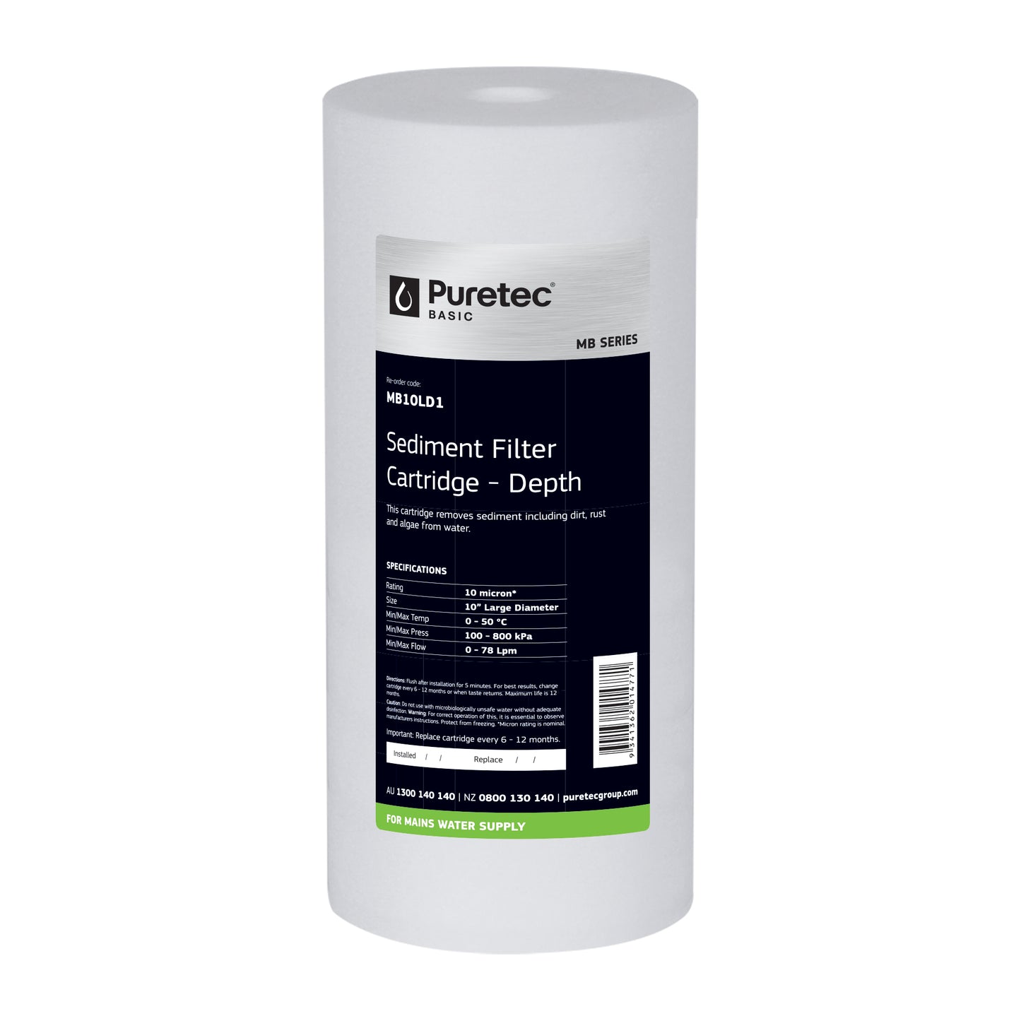 Puretec MB10LD1 Melt Blown Sediment Large Diameter Cartridge, 10 inch, 10um, on white