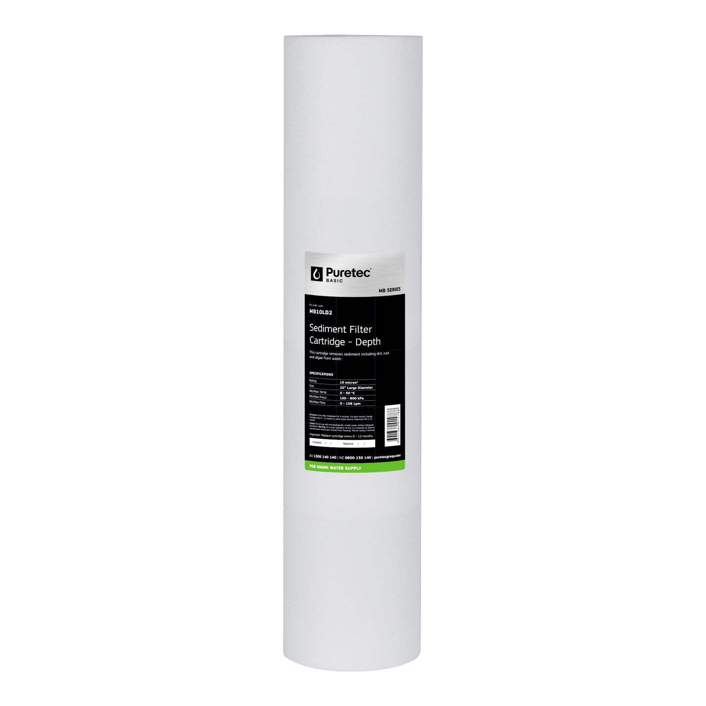 Puretec MB10LD2 Melt Blown Sediment Large Diameter Cartridge, 20 inch, 10um, on white