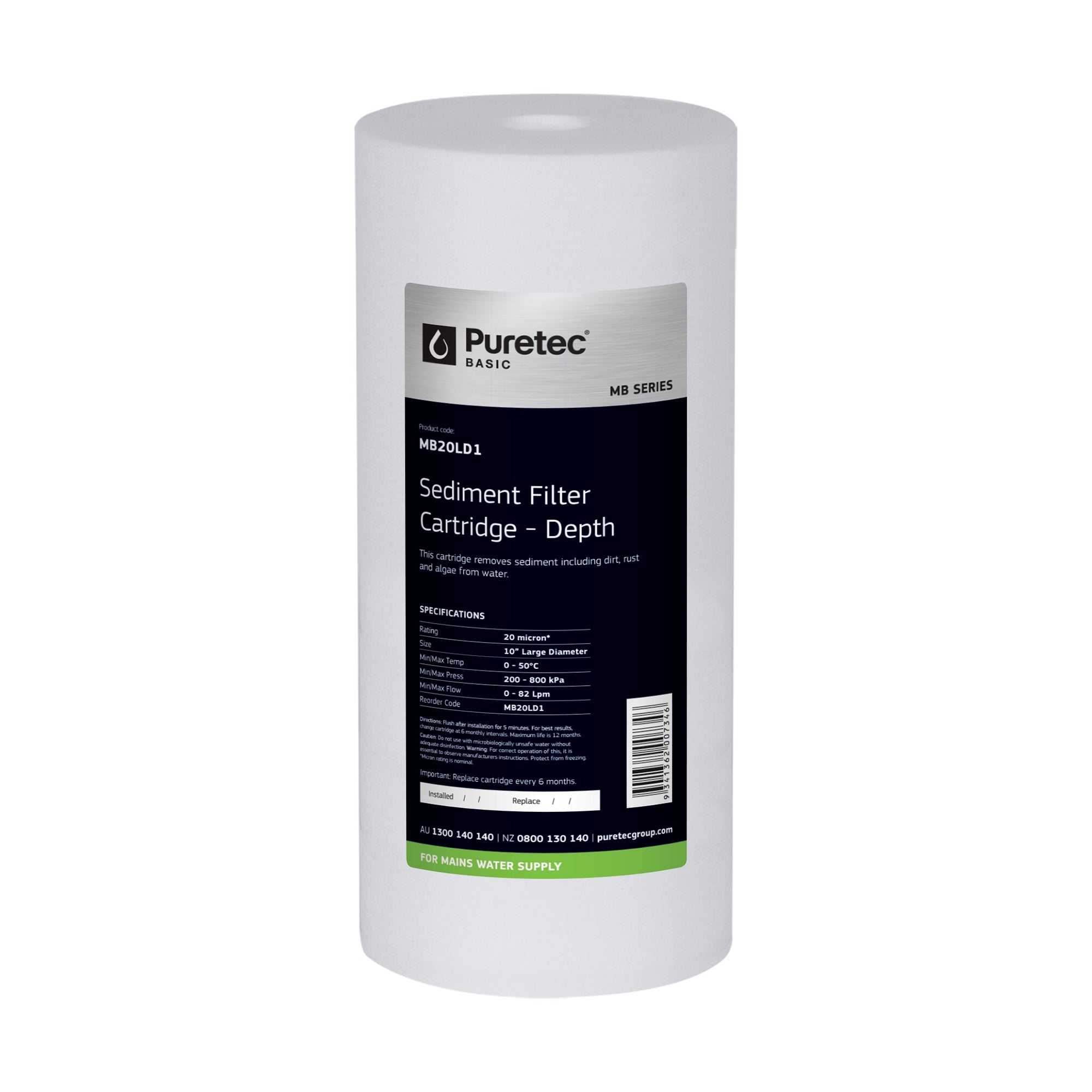 Puretec MB20LD1 Melt Blown Sediment Large Diameter Cartridge, 10 inch, 20um, on white