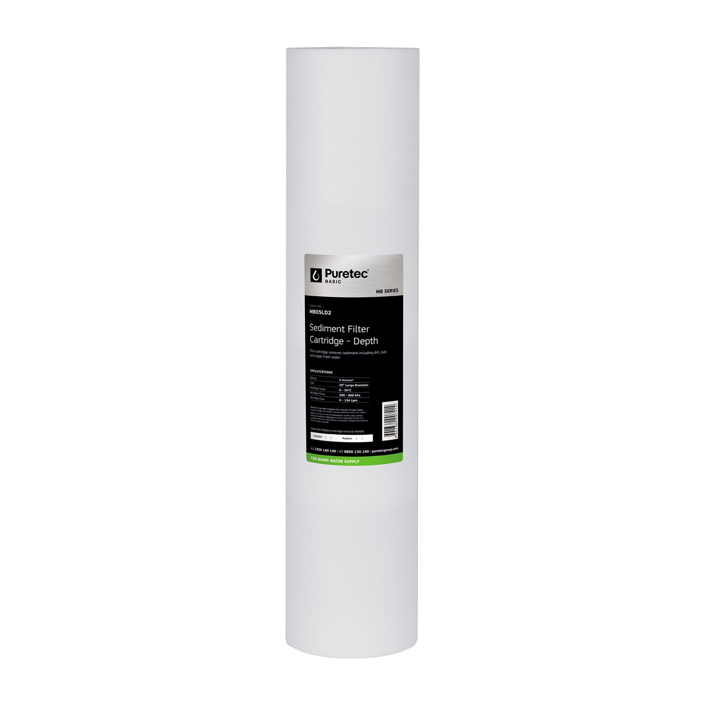 Puretec MB20LD2 Melt Blown Sediment Large Diameter Cartridge, 20 inch, 20um, on white