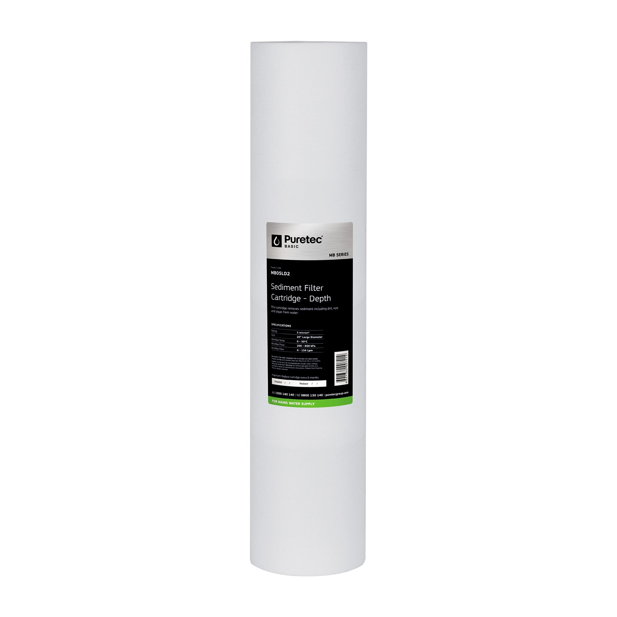 Puretec MB20LD2 Melt Blown Sediment Large Diameter Cartridge, 20 inch, 20um, on white
