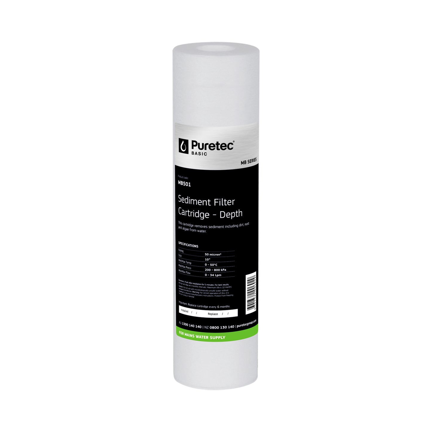 Puretec MB501 Melt Blown Sediment Cartridge, 10 inch, 50um, on white