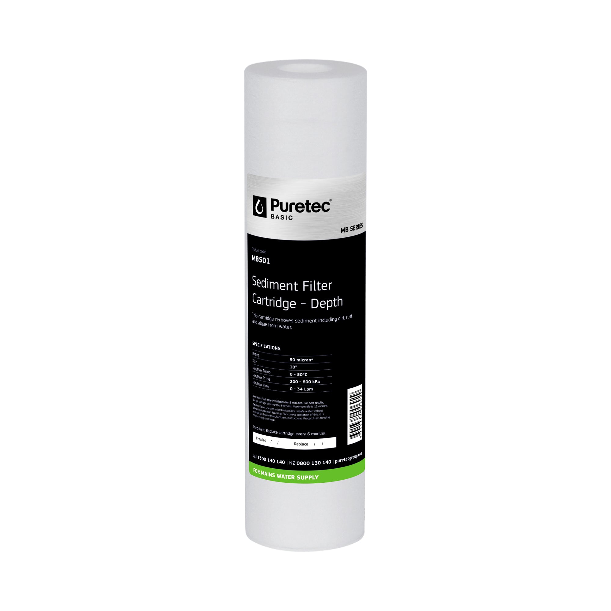 Puretec MB501 Melt Blown Sediment Cartridge, 10 inch, 50um, on white