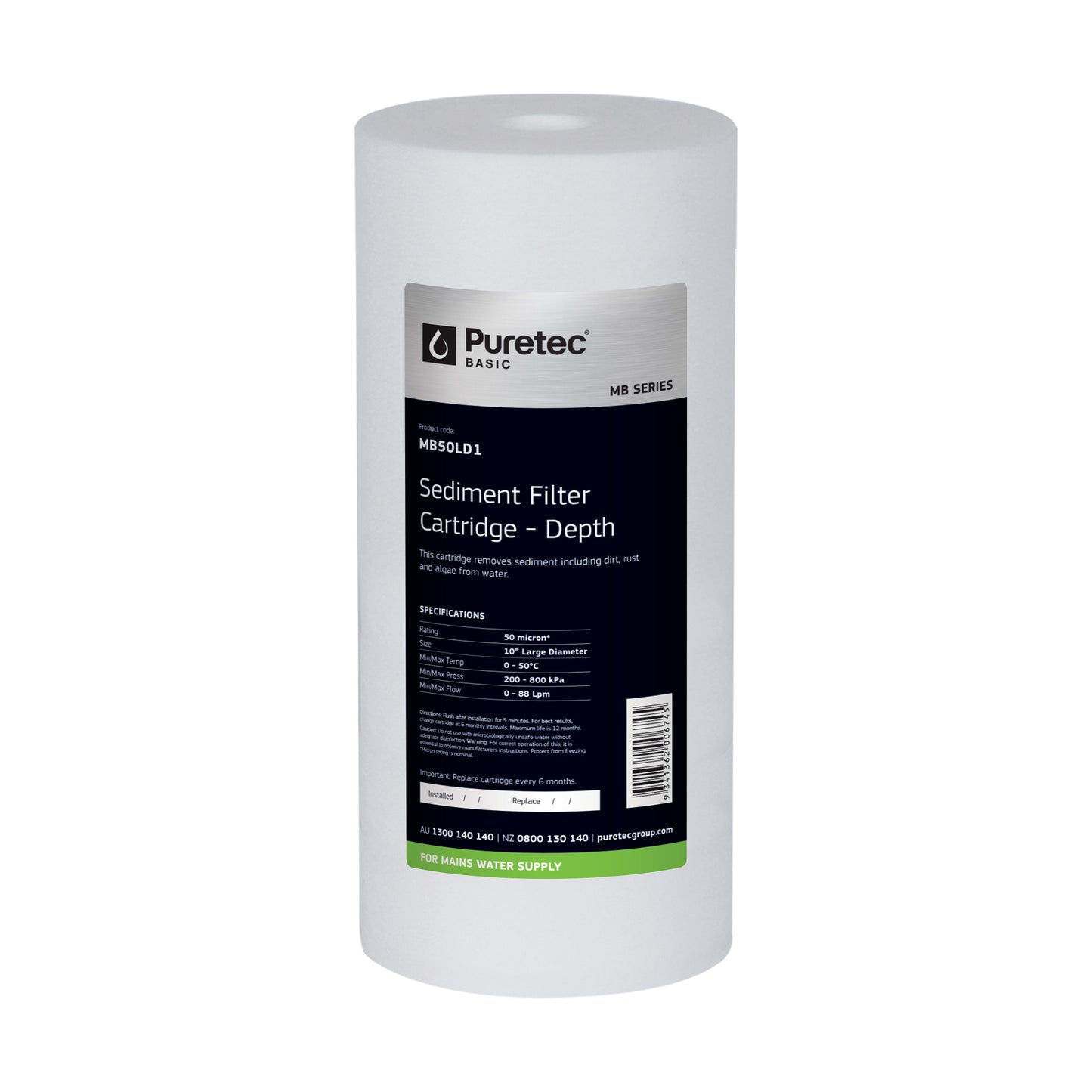 Puretec MB50LD1 Melt Blown Sediment Large Diameter Cartridge, 10 inch, 50um, on white