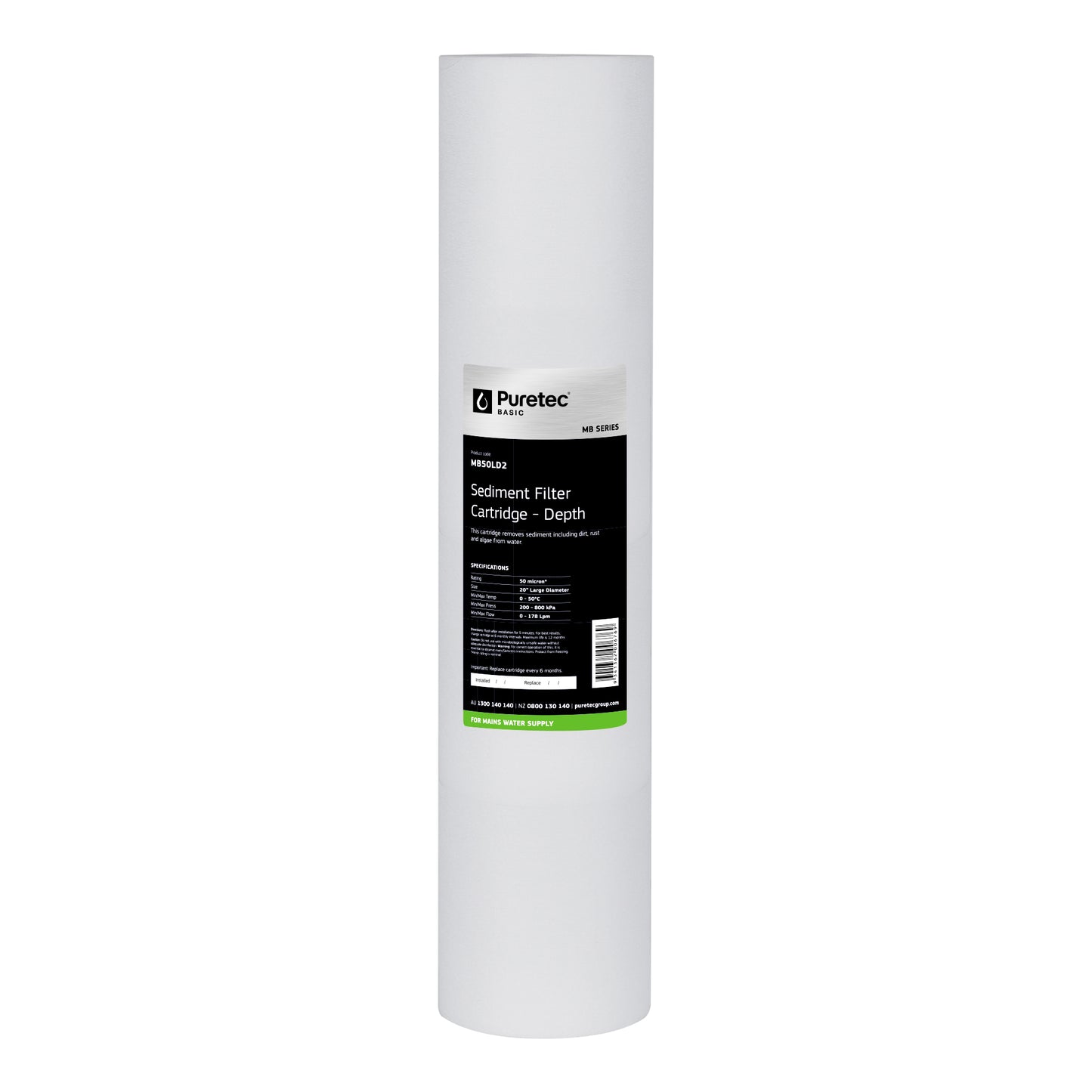 Puretec MB50LD2 Melt Blown Sediment Large Diameter Cartridge, 20 inch, 50um, on white