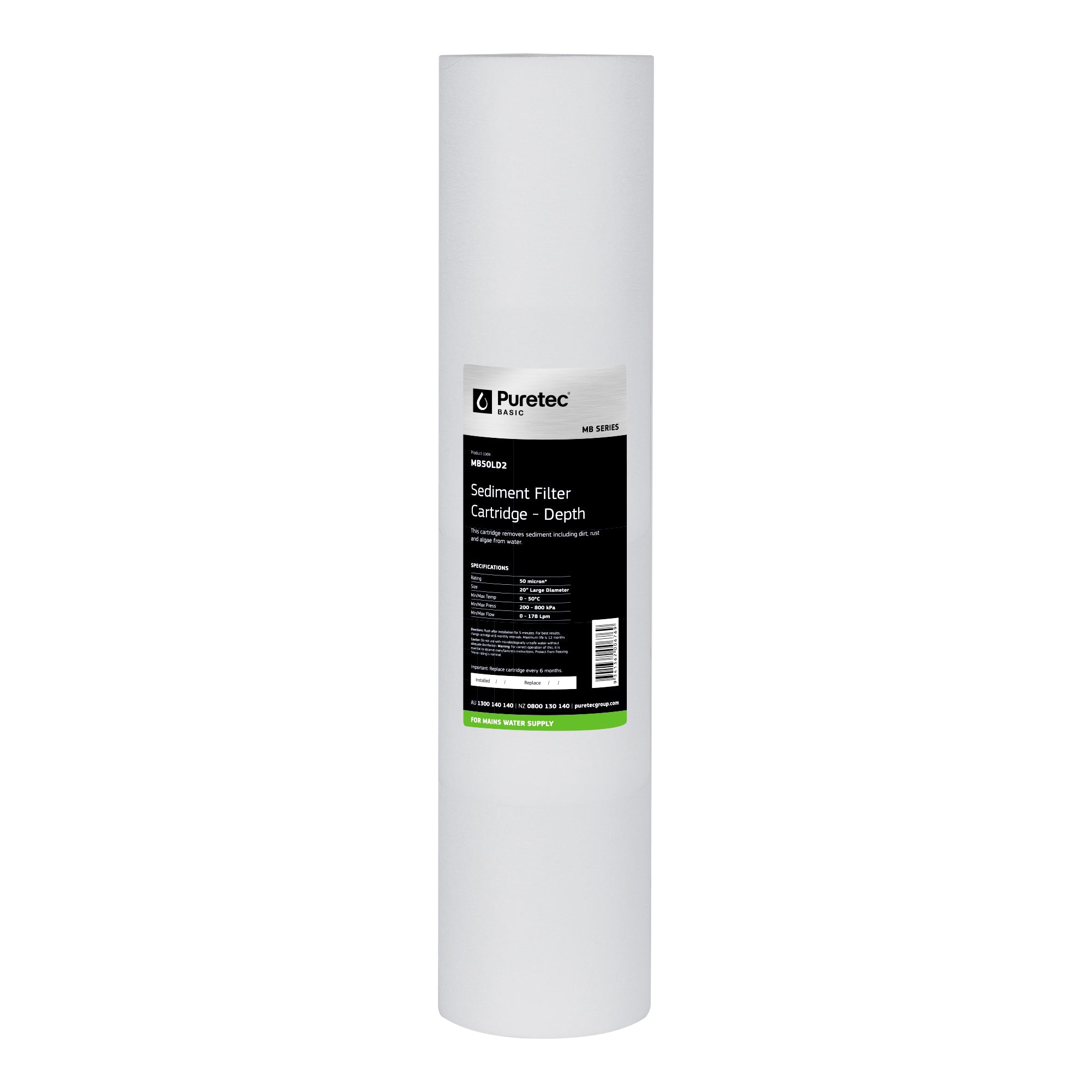 Puretec MB50LD2 Melt Blown Sediment Large Diameter Cartridge, 20 inch, 50um, on white
