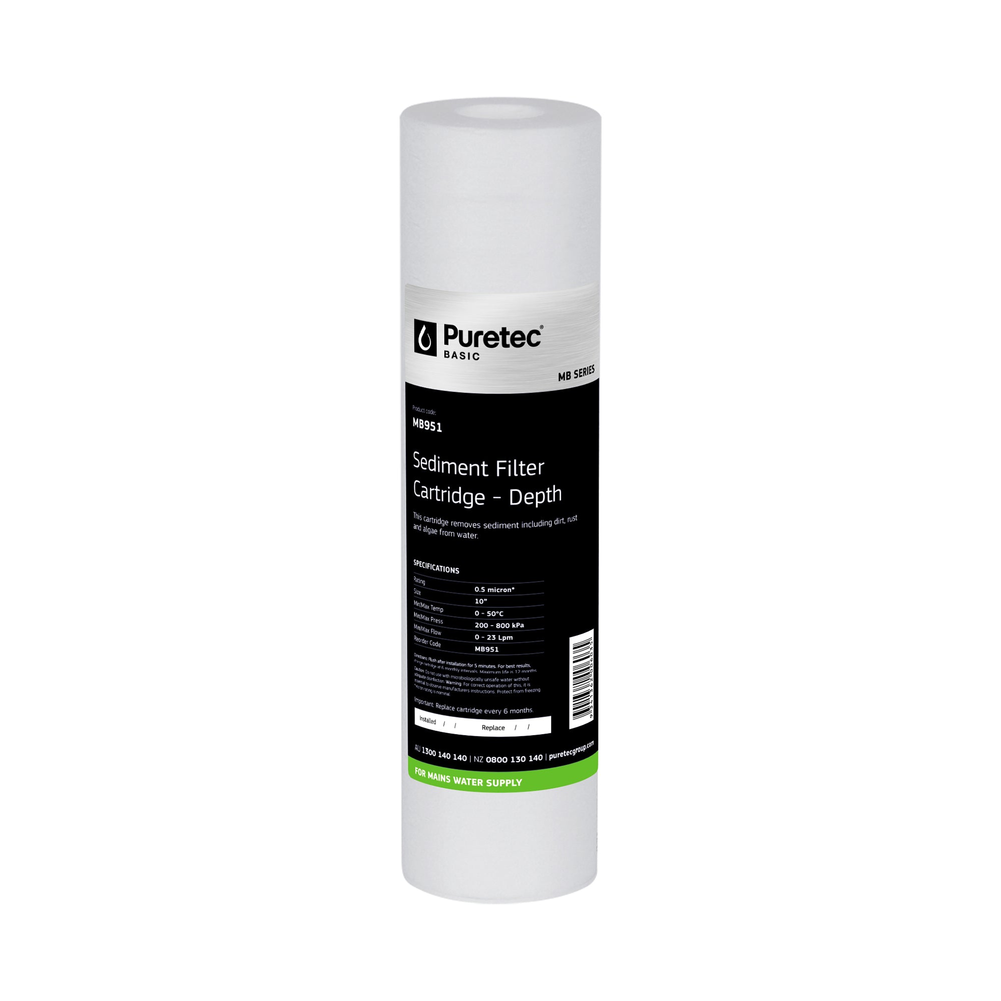 Puretec MB951 Melt Blown Sediment Cartridge, 10 inch, 0.5um Cyst Reduction, on white