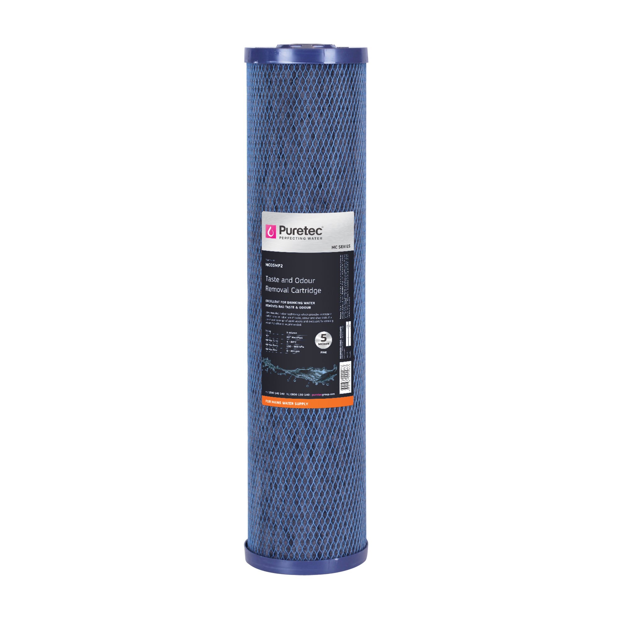 Puretec MC05MP2 Moulded Carbon Maxi Plus Cartridge, 20 inch, 5um, on white