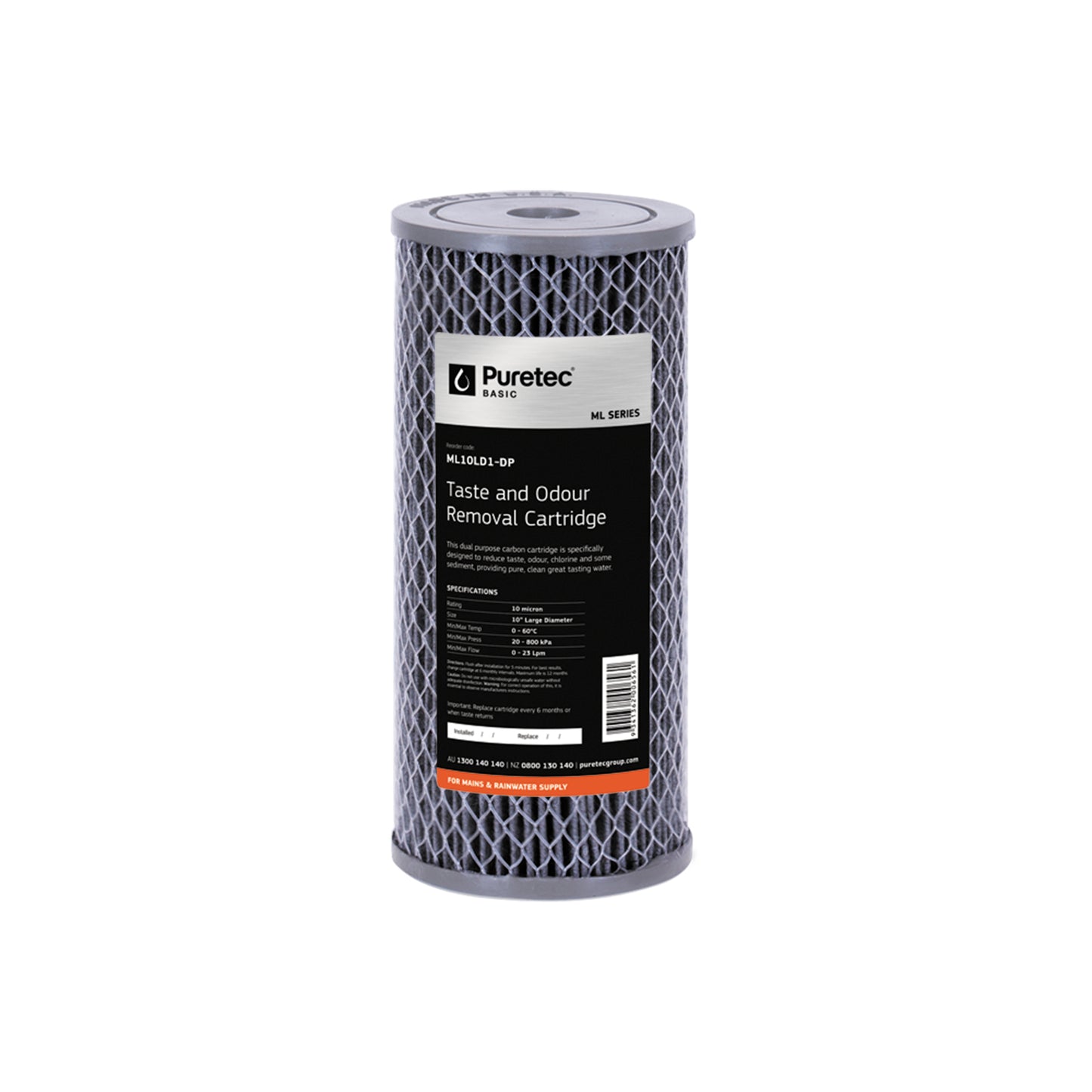Puretec ML10LD1-DP Multi Purpose Carbon Large Diameter Cartridge, 10 inch, 10um, on white