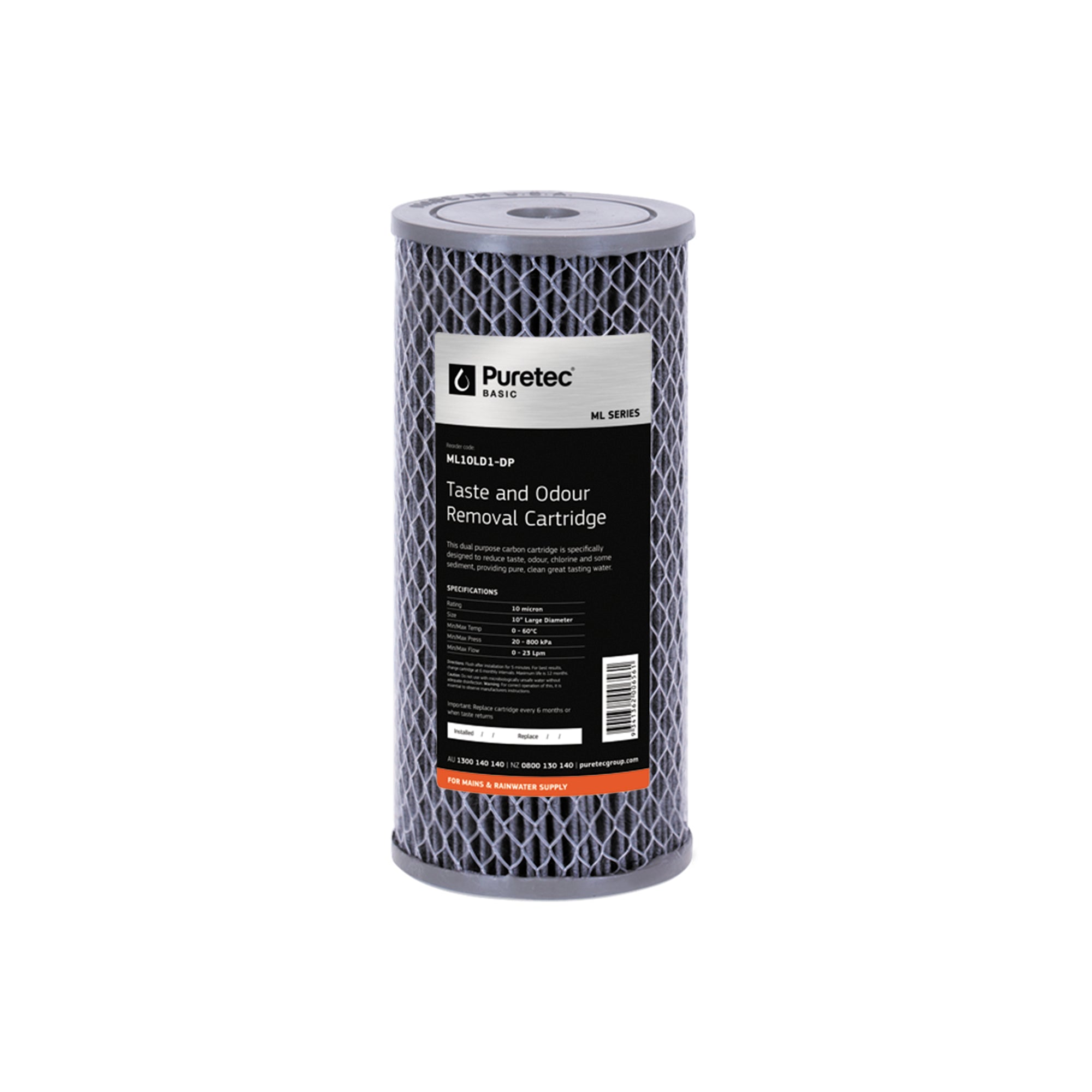 Puretec ML10LD1-DP Multi Purpose Carbon Large Diameter Cartridge, 10 inch, 10um, on white
