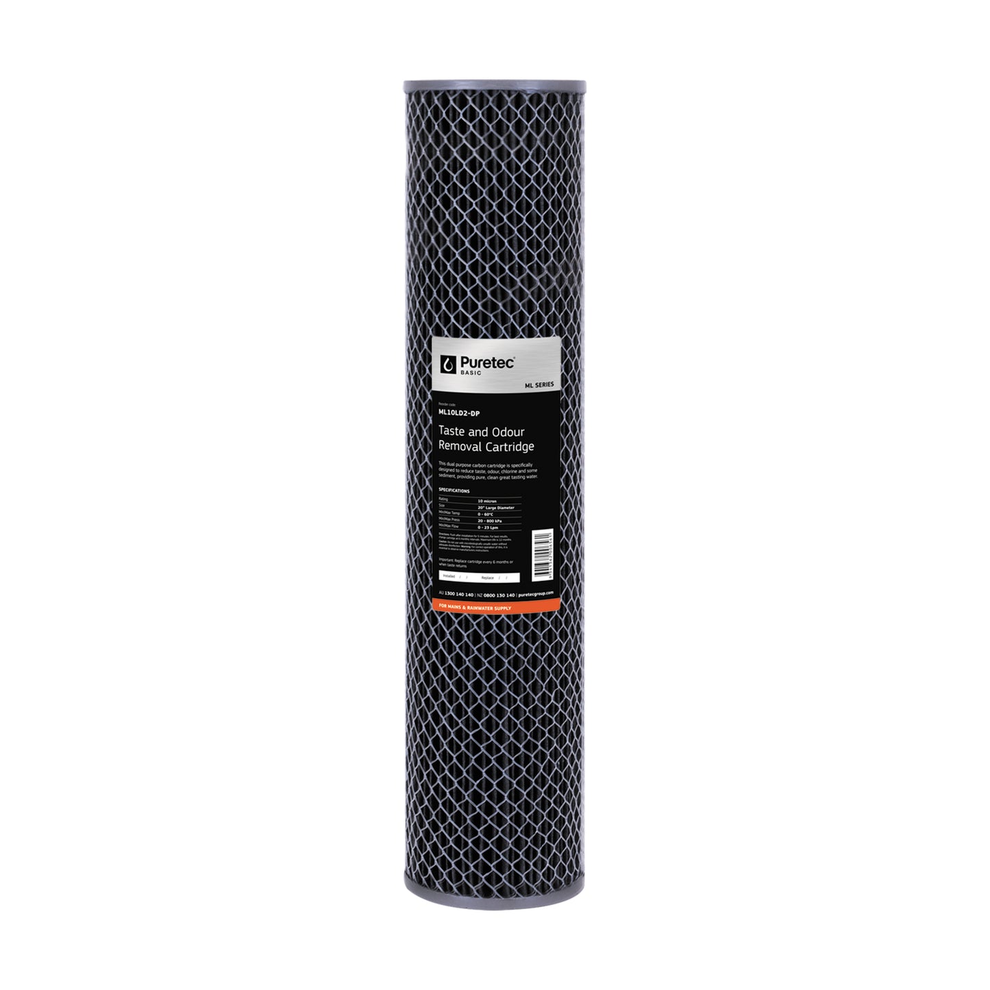 Puretec ML10LD2-DP Multi Purpose Carbon Large Diameter Cartridge, 20 inch, 10um, on white