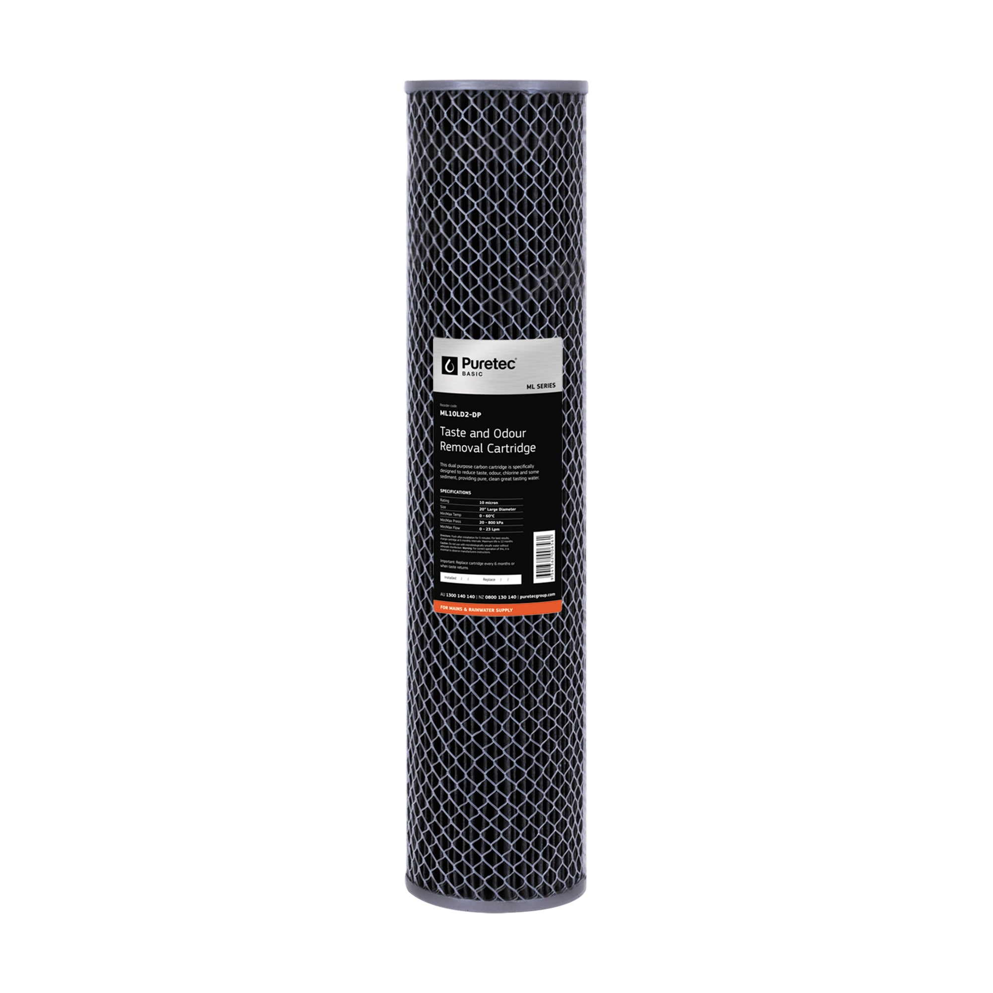 Puretec ML10LD2-DP Multi Purpose Carbon Large Diameter Cartridge, 20 inch, 10um, on white