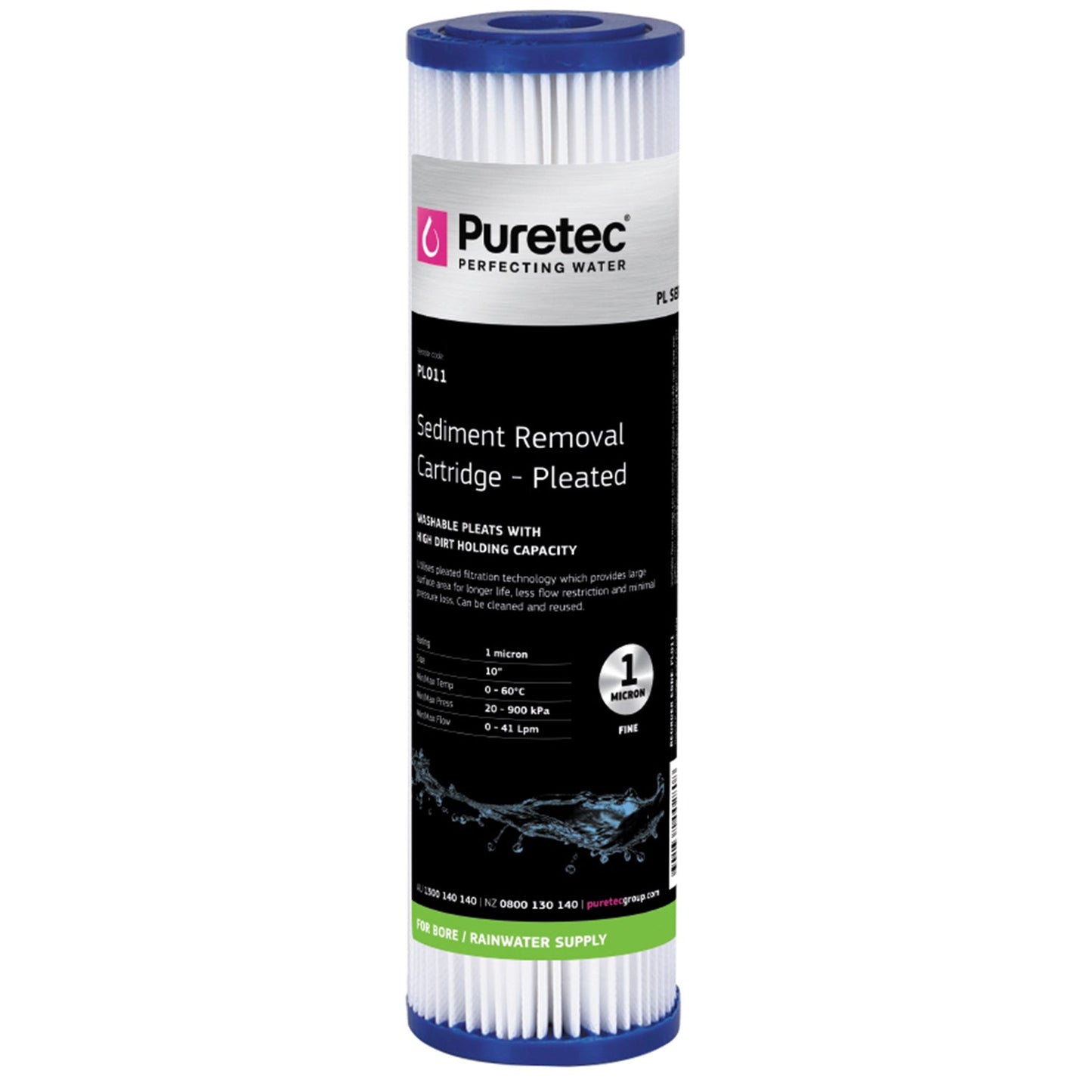 Puretec PL011 Pleated Sediment Cartridge Std, 10 inch, 1um, on white