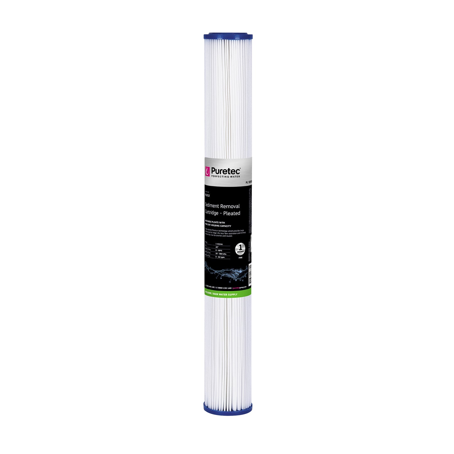 Puretec PL012 Pleated Sediment Cartridge Std, 20 inch, 1um, on white