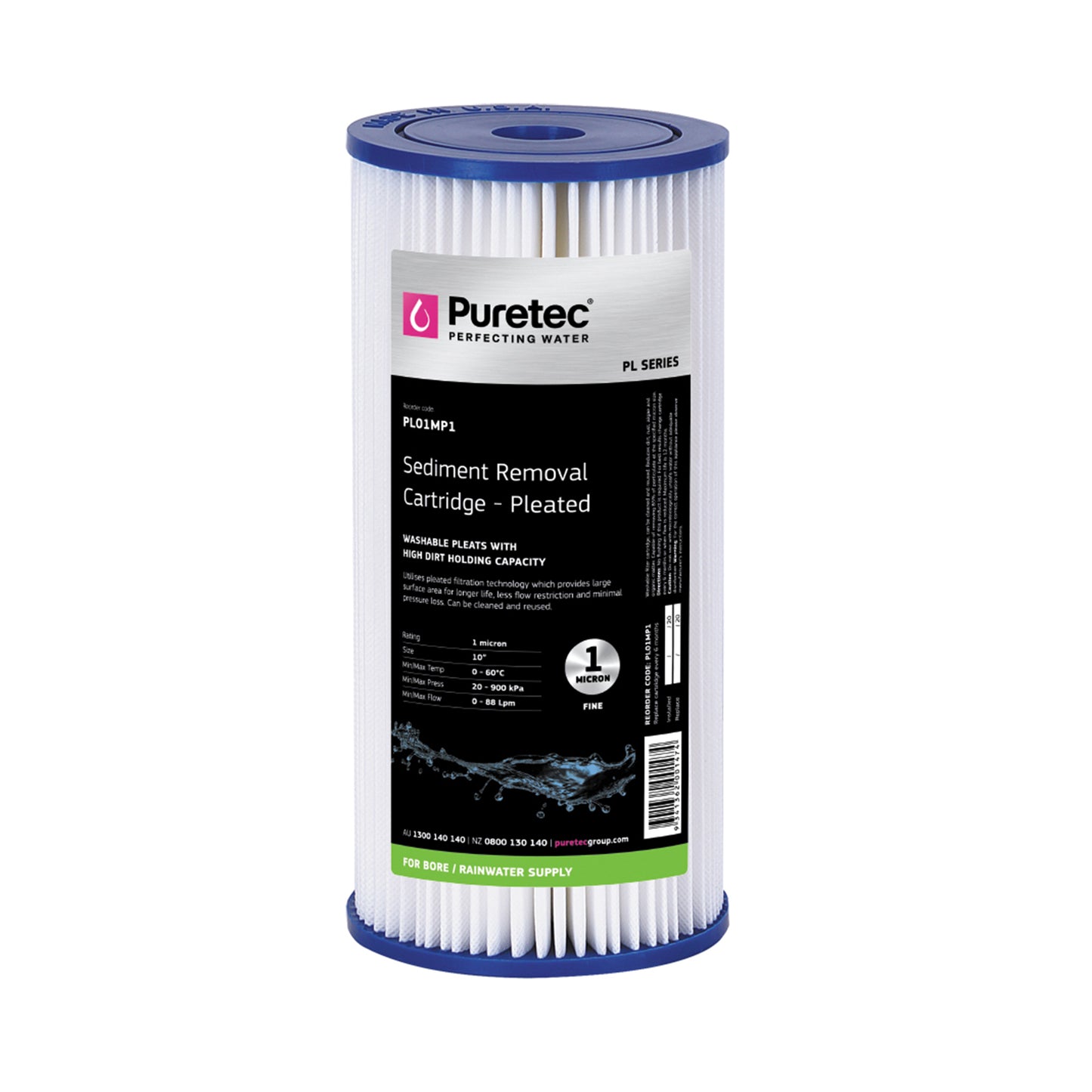 Puretec PL01MP1 Pleated Sediment Maxi Plus Cartridge, 10 inch, 1um, on white