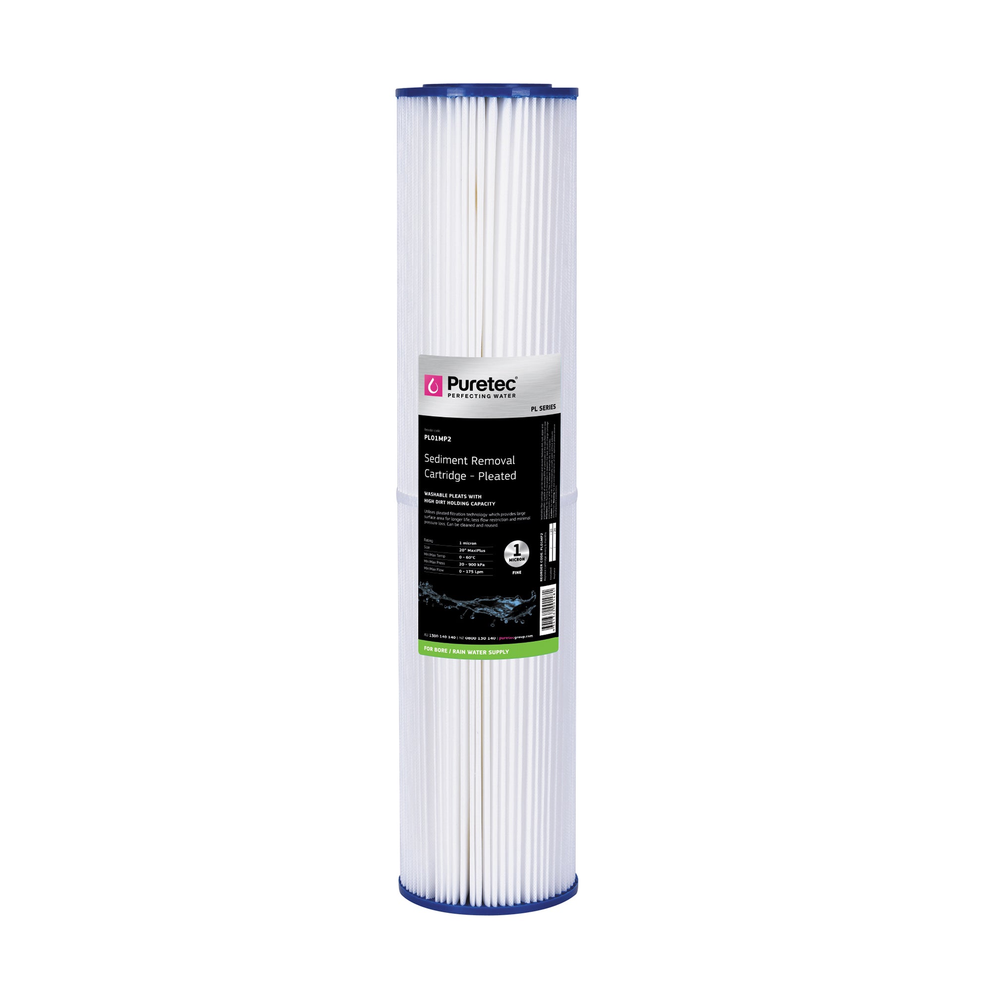 Puretec PL01MP2 Pleated Sediment Maxi Plus Cartridge, 20 inch, 1um, on white