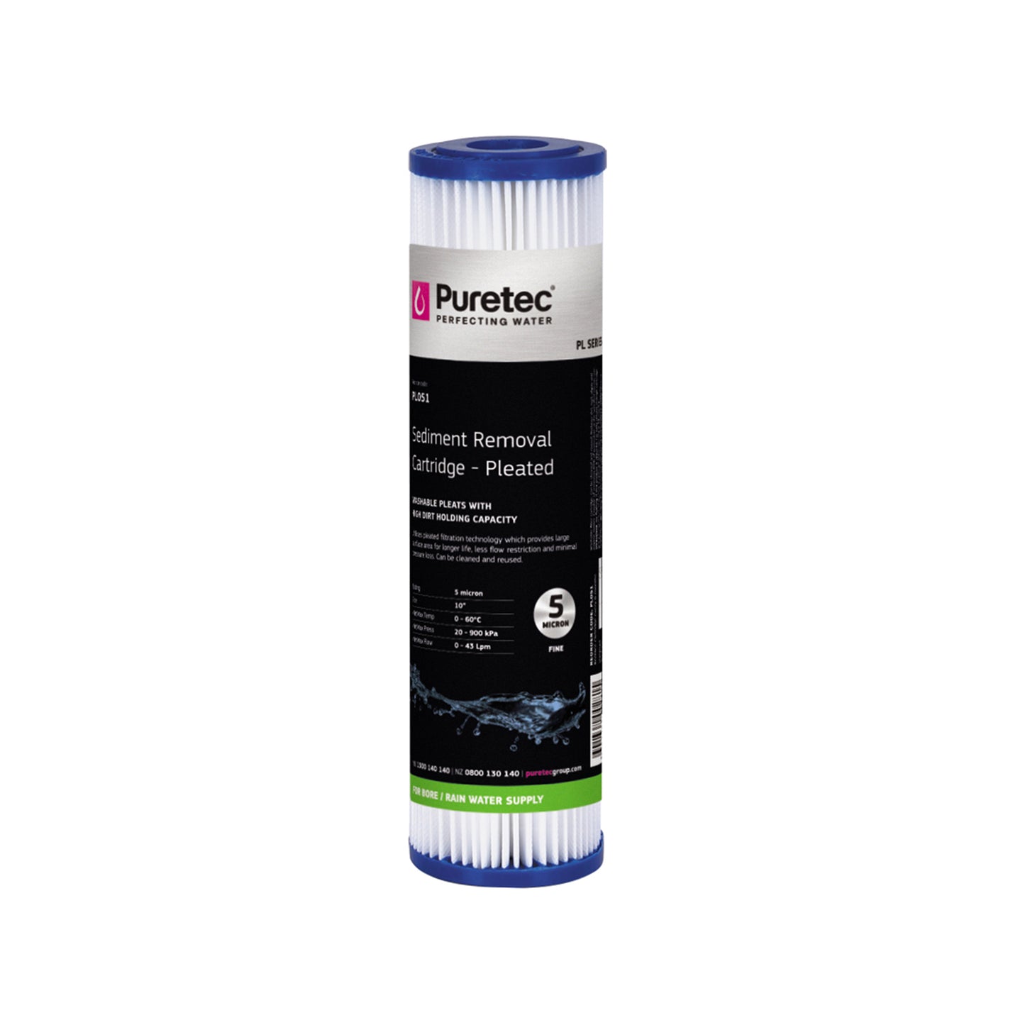 Puretec PL051 Pleated Sediment Cartridge Std, 10 inch, 5um, on white