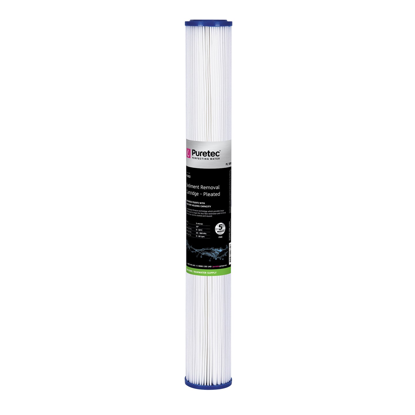 Puretec PL052 Pleated Sediment Cartridge Std, 20x2.5inch, 5um, on white