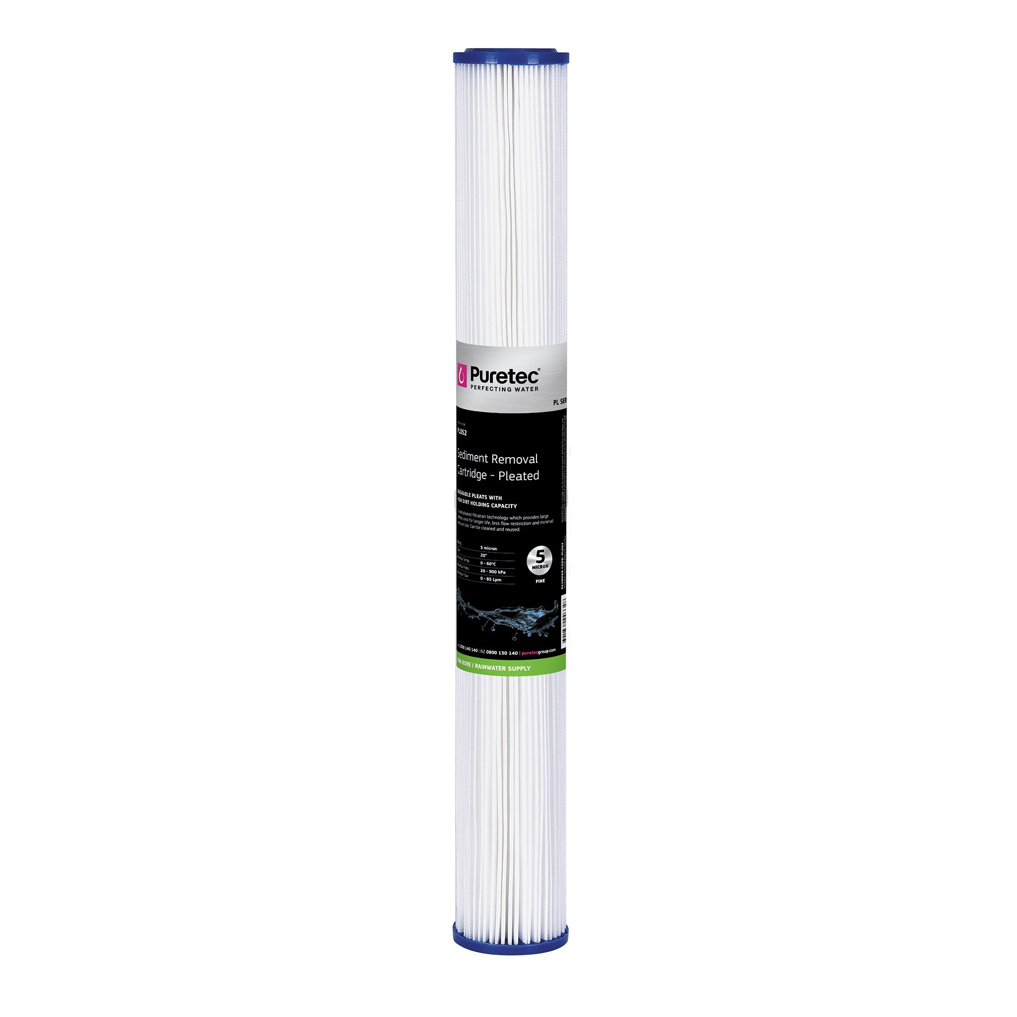 Puretec PL052 Pleated Sediment Cartridge Std, 20x2.5inch, 5um, on white
