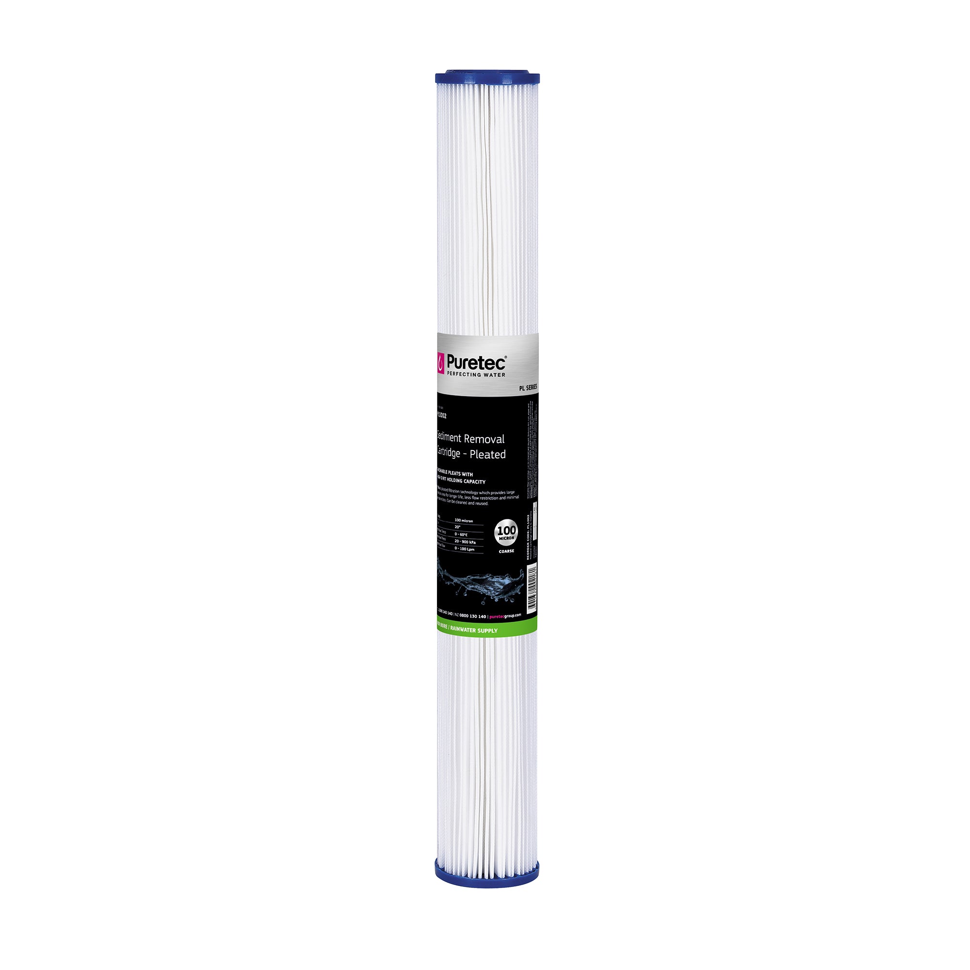 Puretec PL1002 Pleated Sediment Cartridge Std, 20 inch, 100um, on white