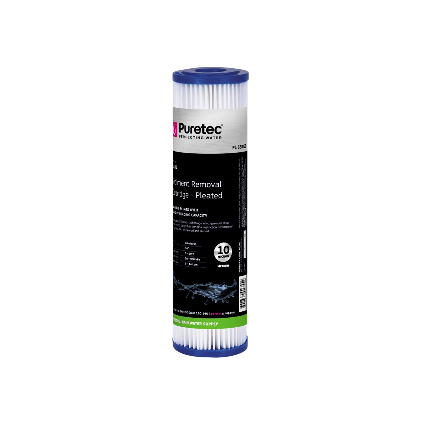 Puretec PL101 Pleated Sediment Cartridge, 10 inch, 10um, on white