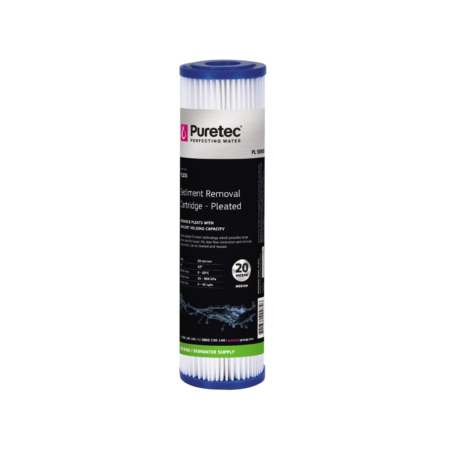 Puretec PL201 Pleated Sediment Cartridge Std, 10 inch, 20um, on white
