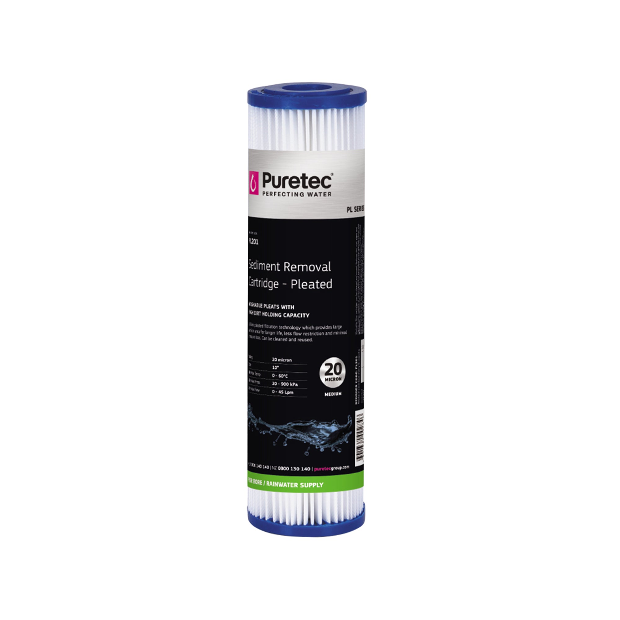Puretec PL201 Pleated Sediment Cartridge Std, 10 inch, 20um, on white