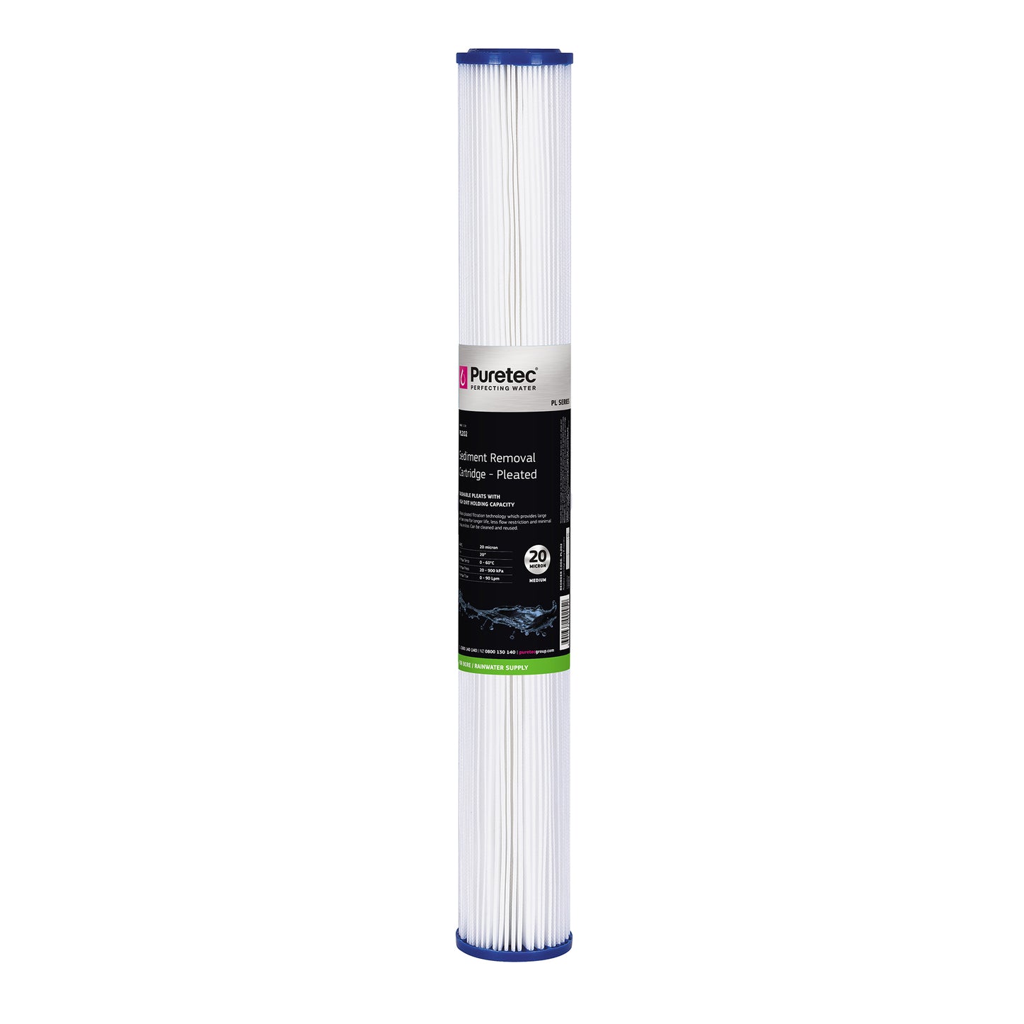 Puretec PL202 Pleated Sediment Cartridge Std, 20 inch, 20um, on white