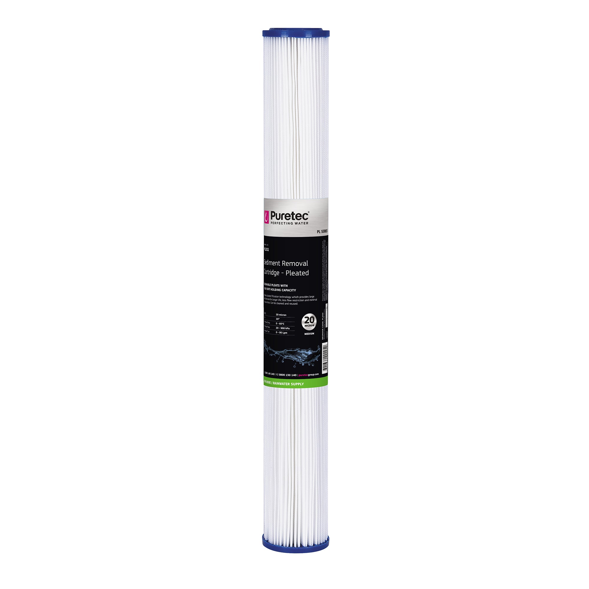 Puretec PL202 Pleated Sediment Cartridge Std, 20 inch, 20um, on white