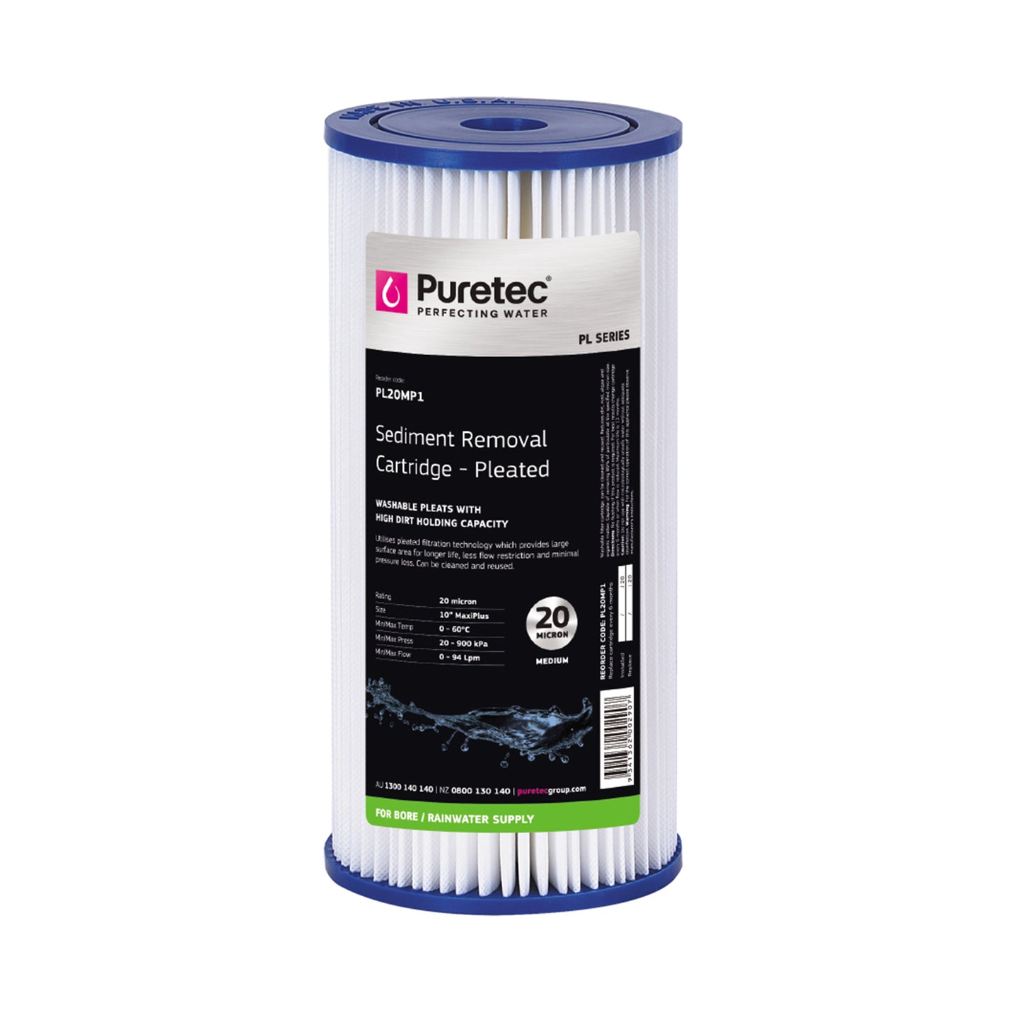 Puretec PL20MP1 Pleated Sediment Maxi Plus Cartridge, 10 inch, 20um, on white