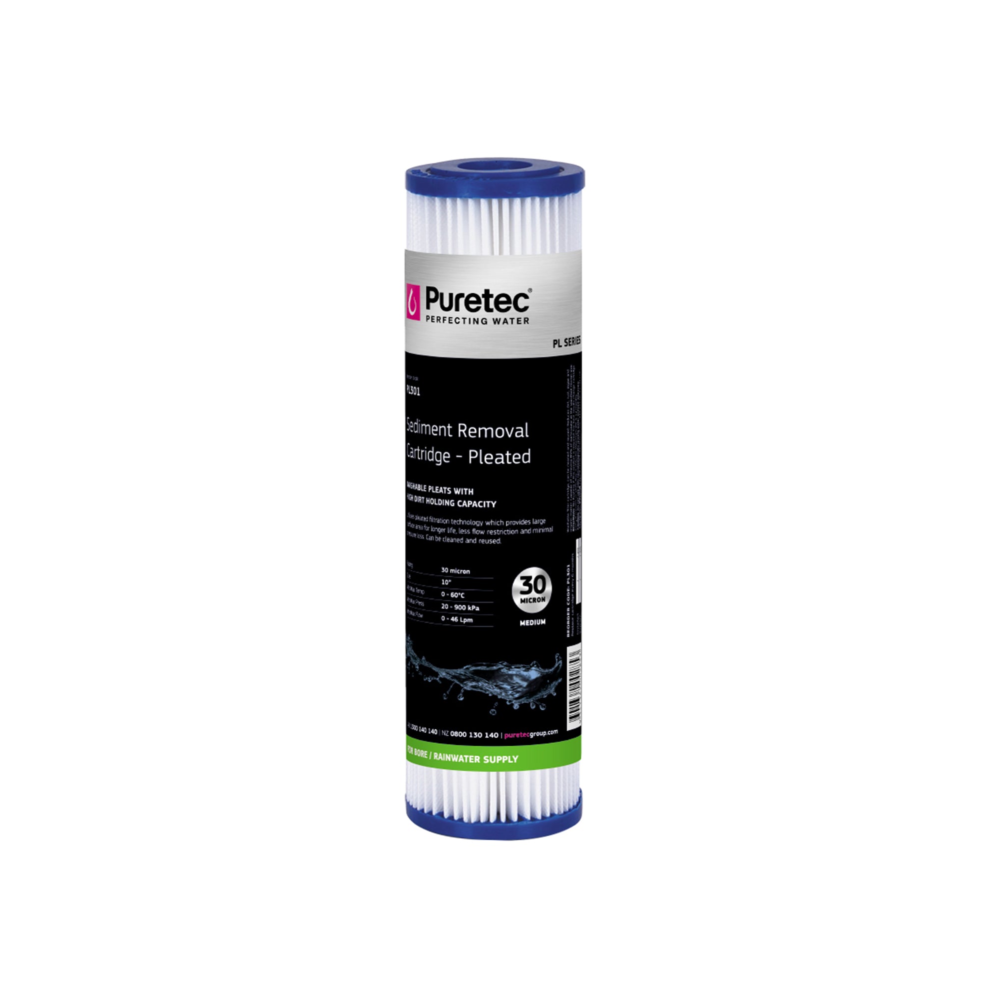 Puretec PL301 Pleated Sediment Cartridge Std, 10 inch, 30um, on white