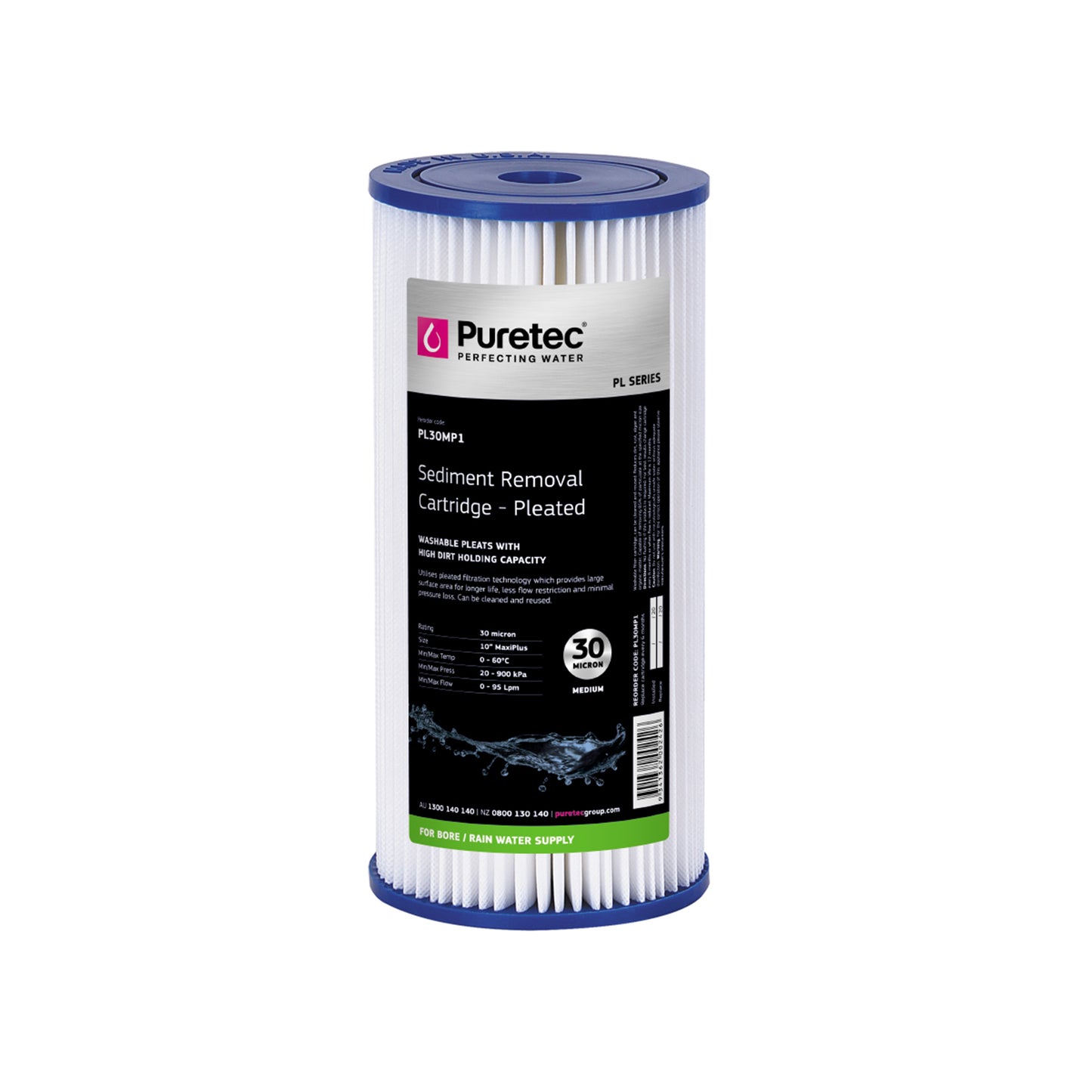 Puretec PL30MP1 Pleated Sediment Maxi Plus Cartridge, 10 inch, 30um, on white