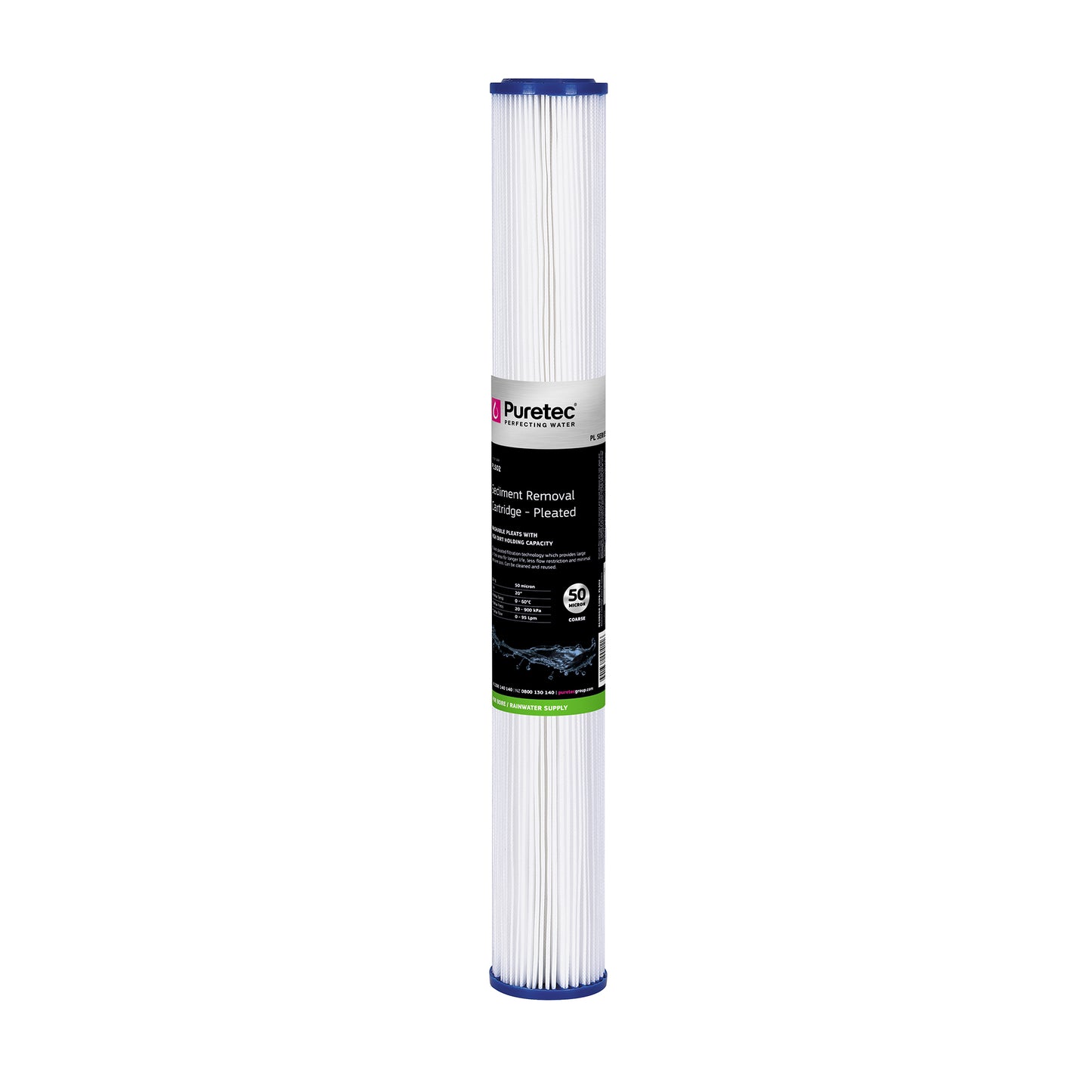 Puretec PL502 Pleated Sediment Cartridge Std, 20 inch, 50um, on white
