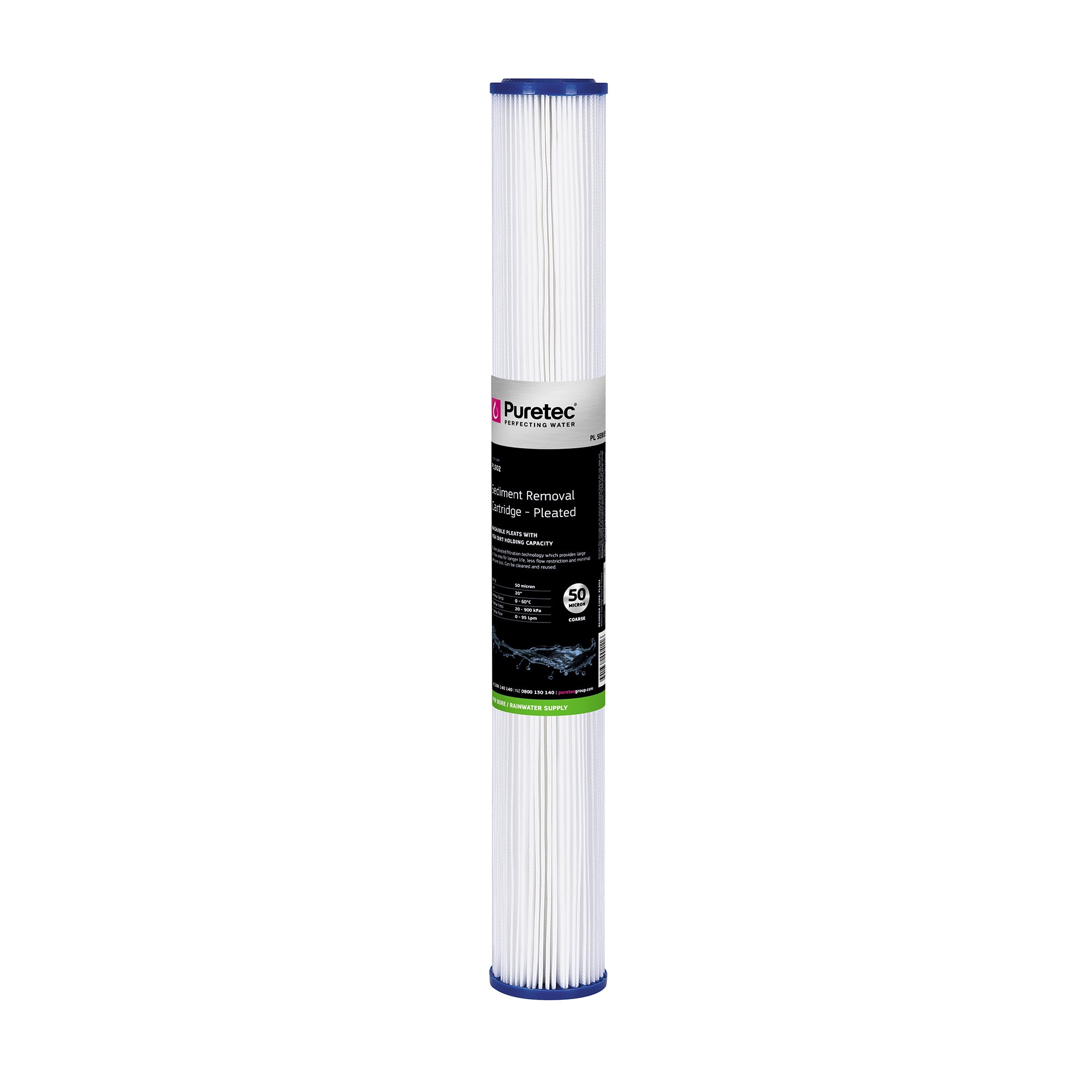 Puretec PL502 Pleated Sediment Cartridge Std, 20 inch, 50um, on white