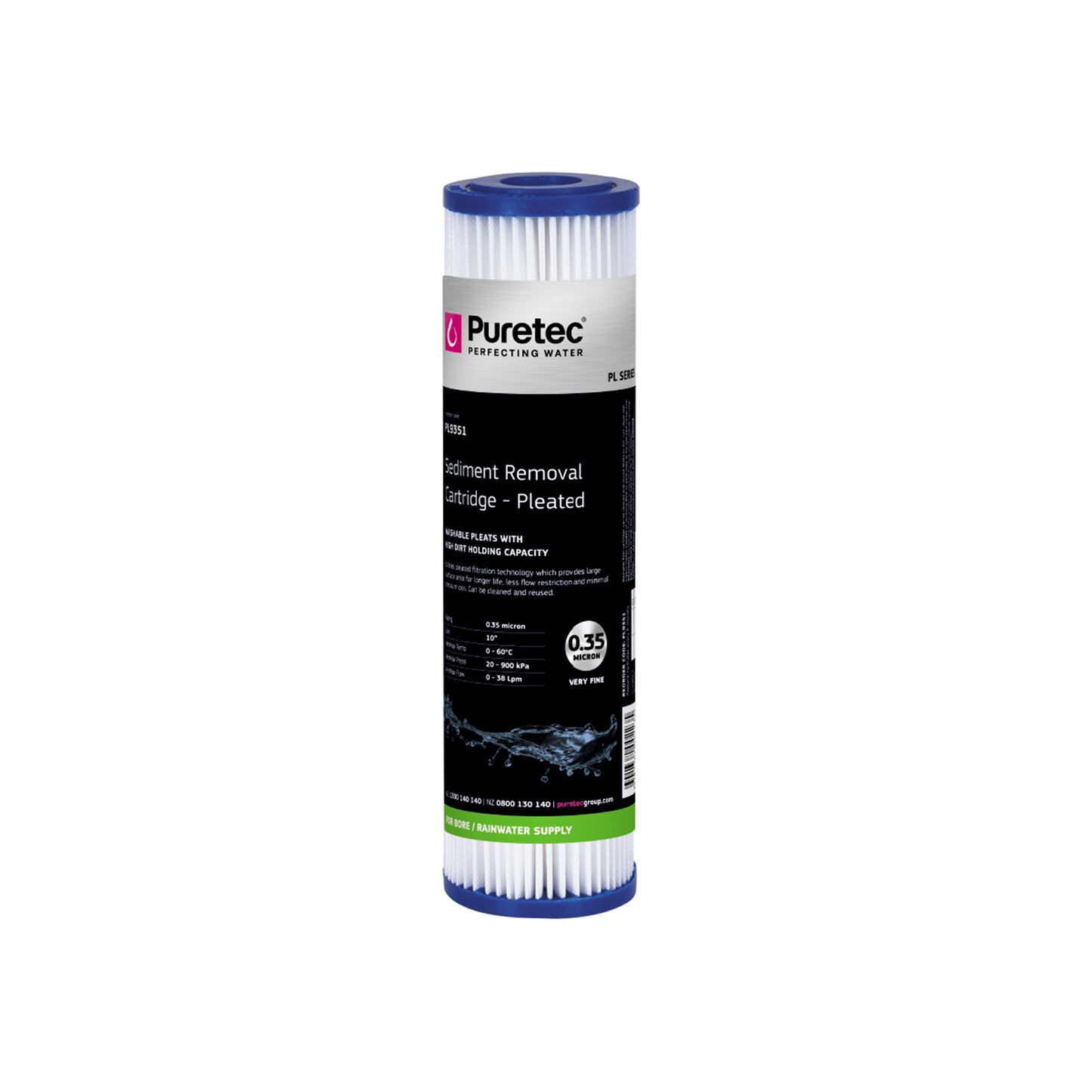 Puretec PL9351 Pleated Sediment Cartridge Std, 10 inch, 0.35um, on white
