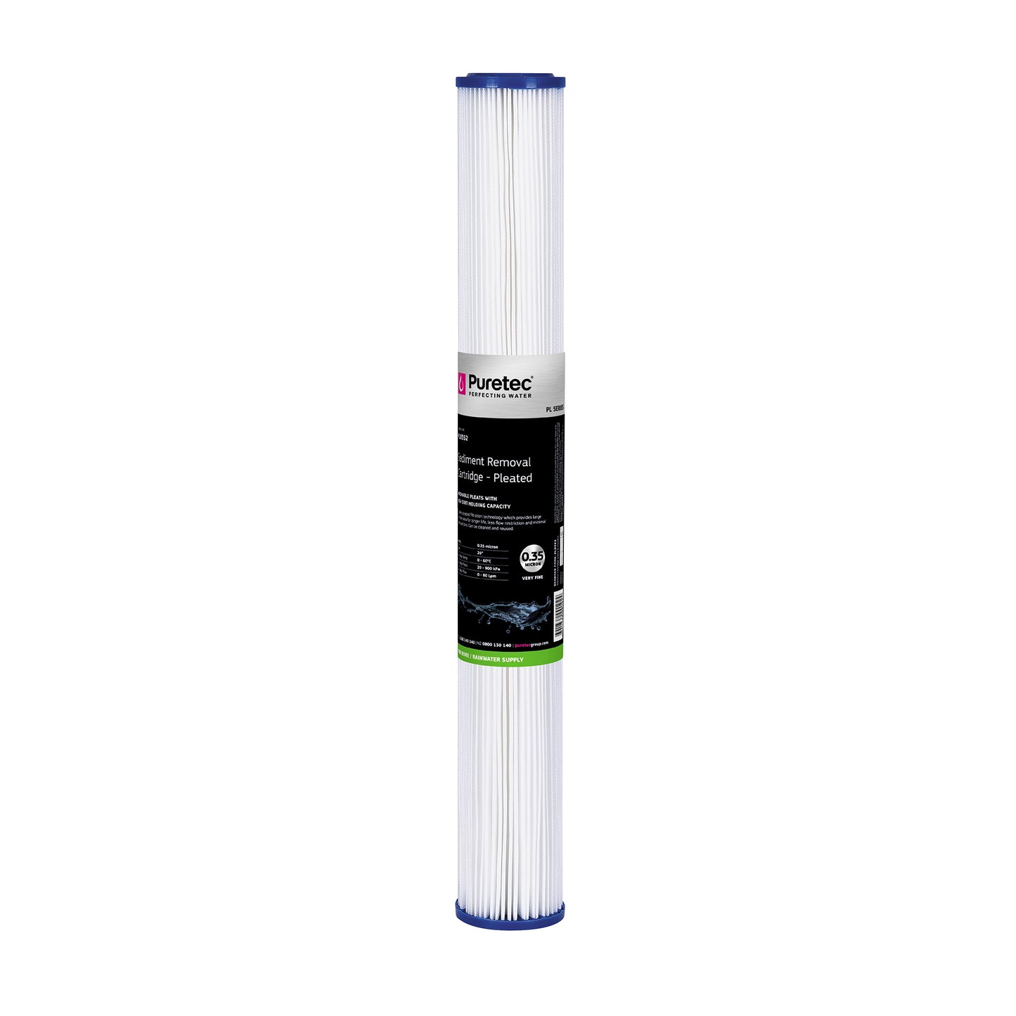 Puretec PL9352 Pleated Sediment Cartridge Std, 2.5” x 20”, 0.35um, on white
