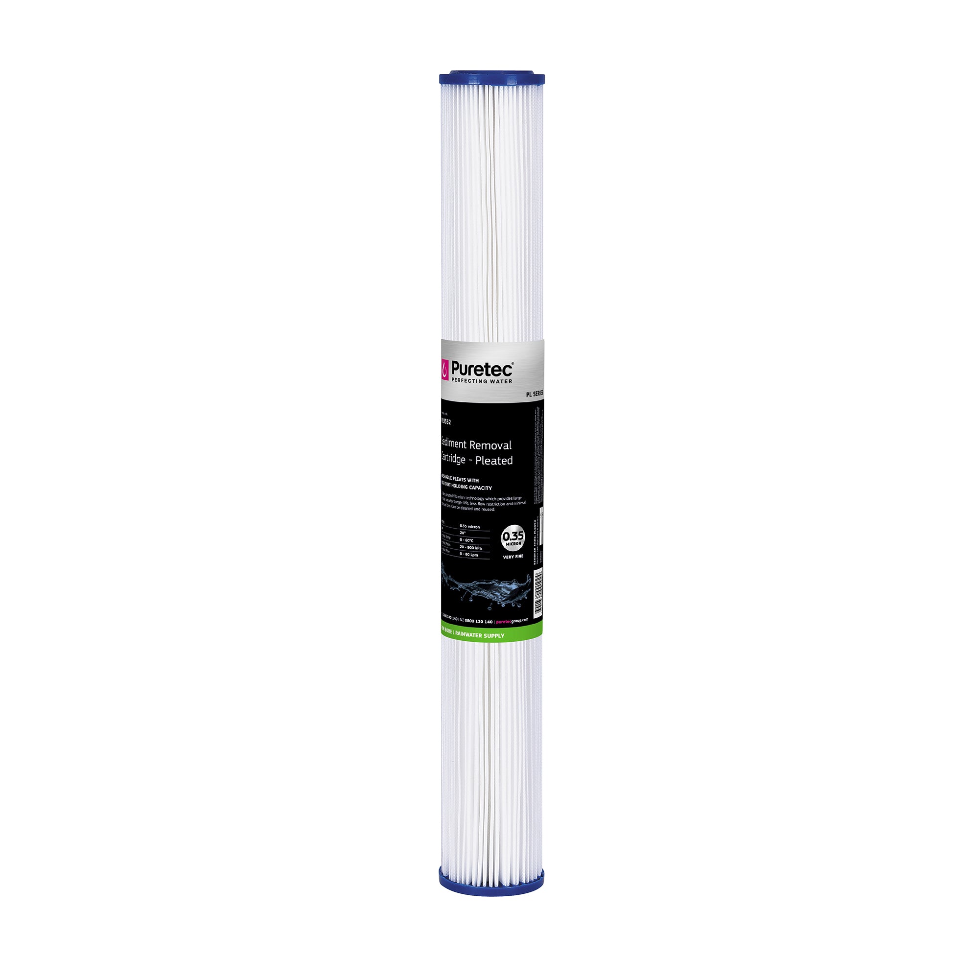 Puretec PL9352 Pleated Sediment Cartridge Std, 2.5” x 20”, 0.35um, on white