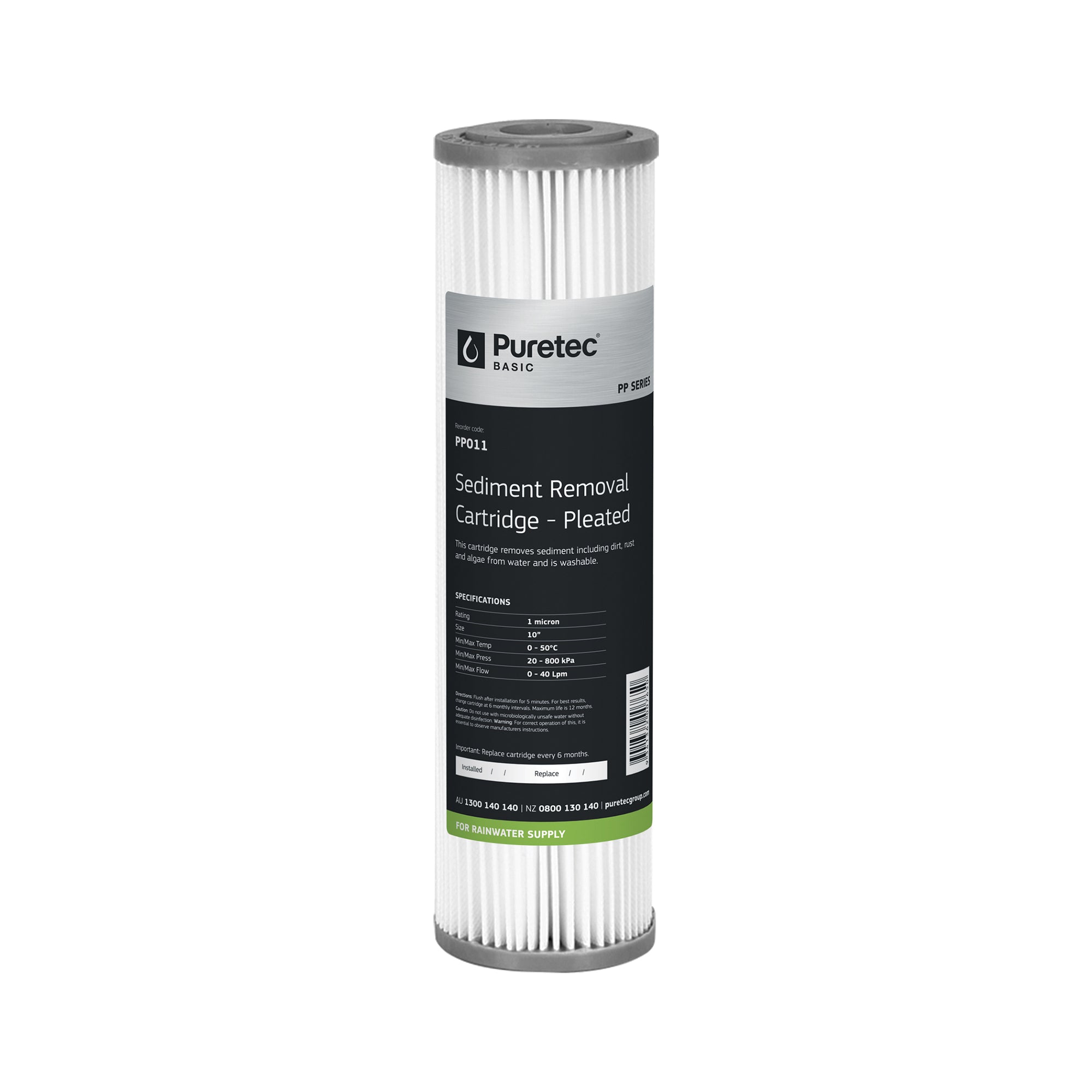 Puretec PP011 Pleated Sediment Cartridge, 10 inch, 1um Cyst Reduction, on white
