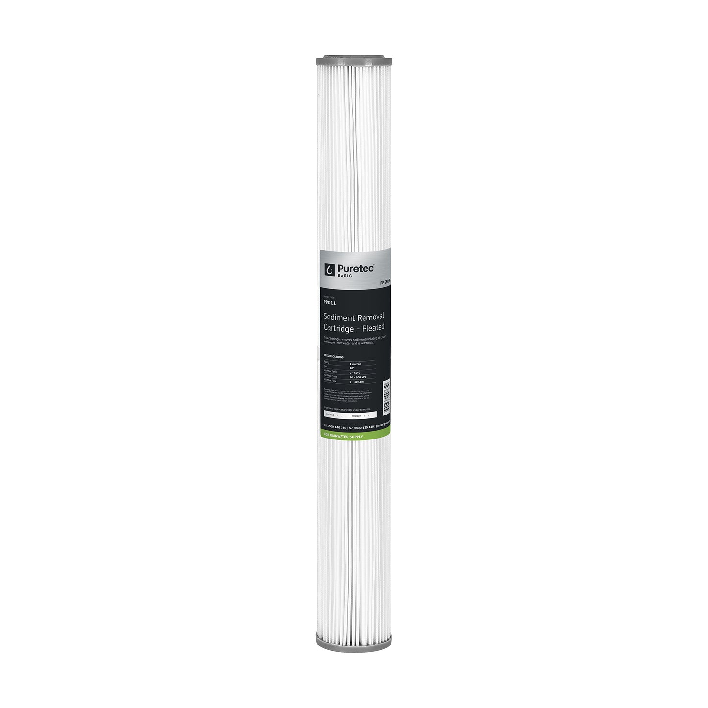 Puretec PP012 Pleated Sediment Cartridge, 20 inch, 1um Cyst Reduction, on white