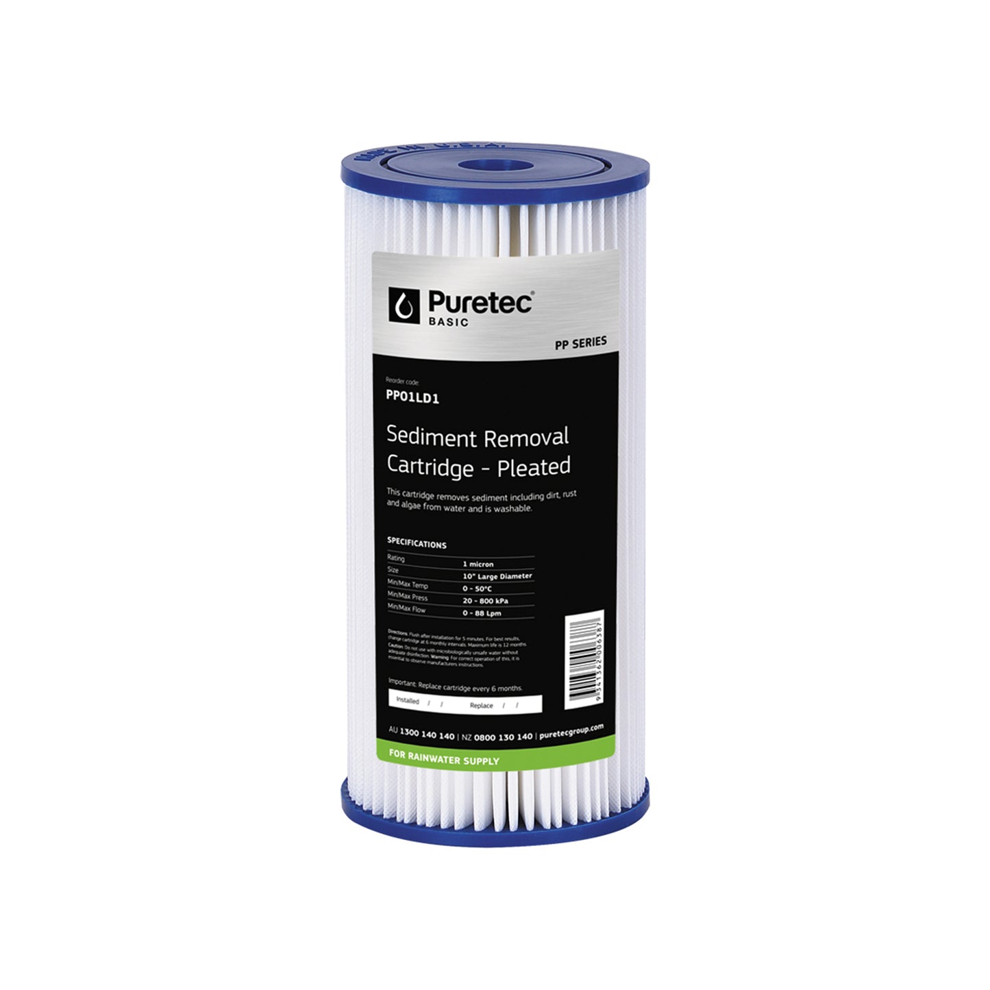 Puretec PP01LD1 Pleated Sediment Large Diameter Cartridge, 10 inch, 1um, on white