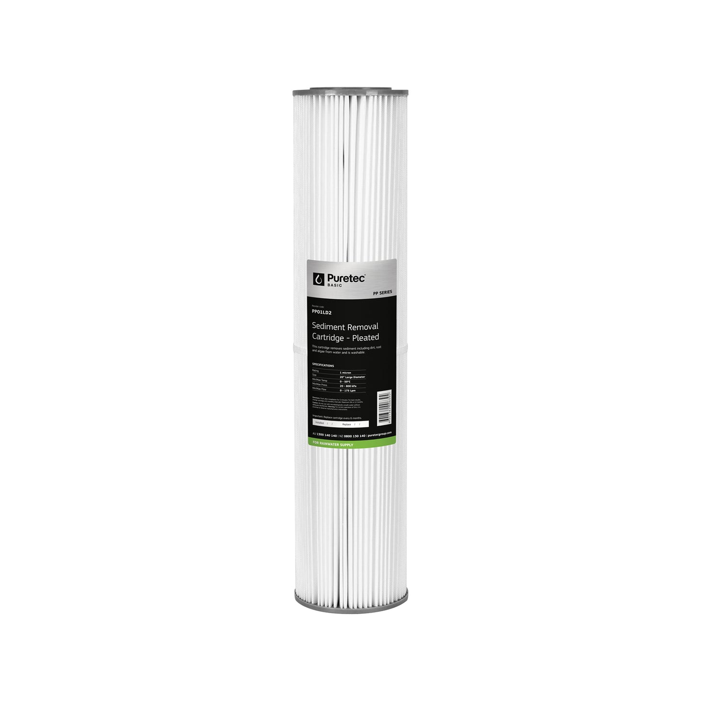 Puretec PP01LD2 Pleated Sediment Large Diameter Cartridge, 20 inch, 1um, on white