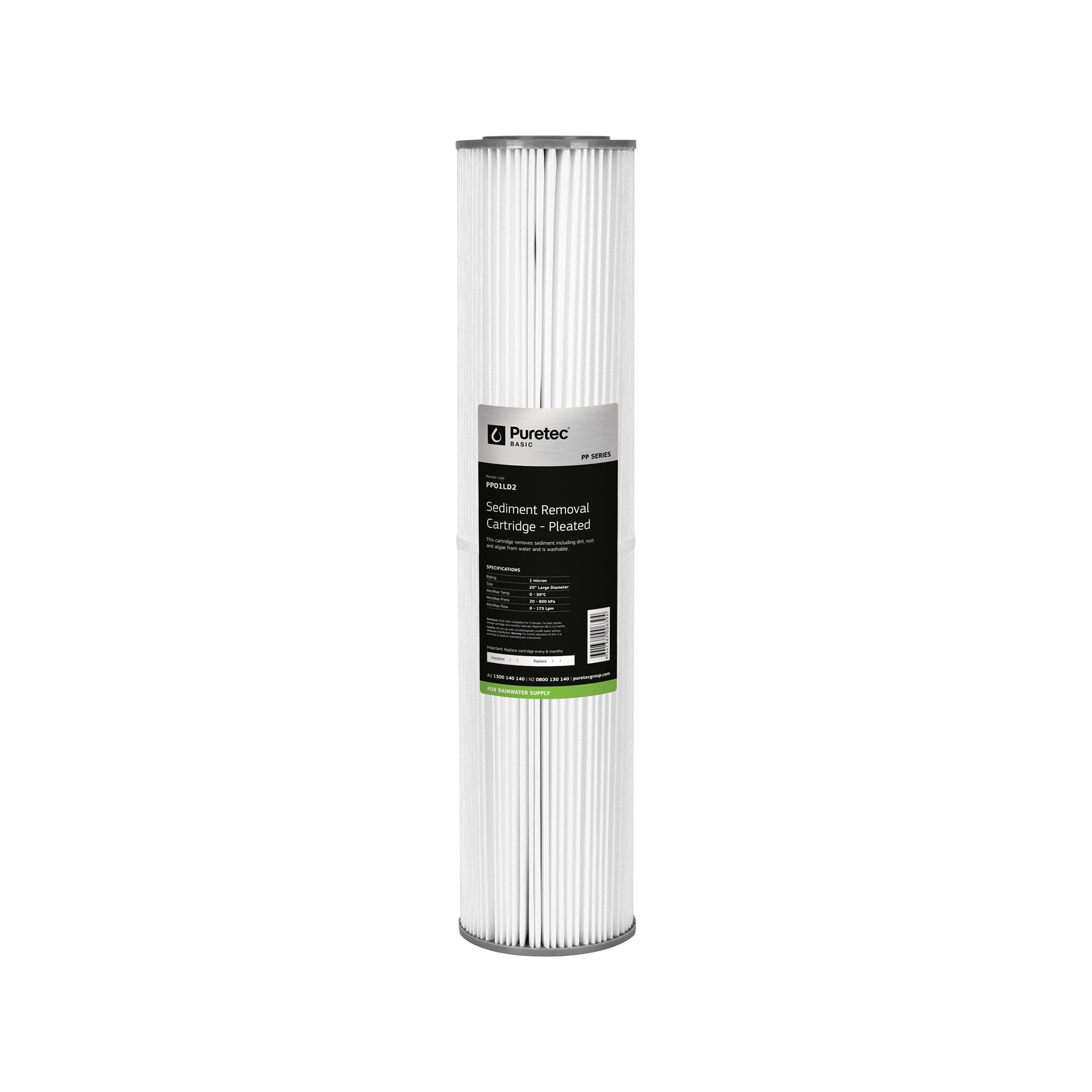 Puretec PP01LD2 Pleated Sediment Large Diameter Cartridge, 20 inch, 1um, on white