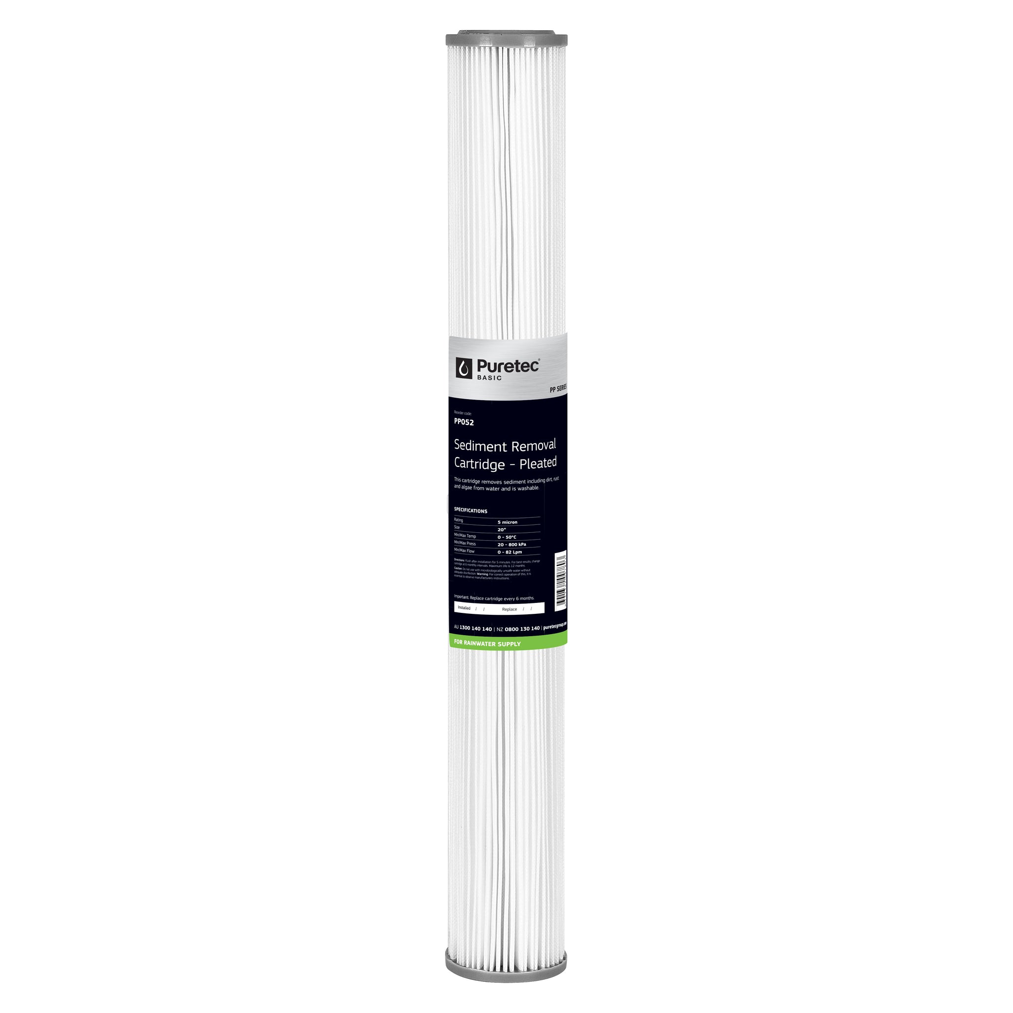 Puretec PP052 Pleated Sediment Cartridge, 20 inch, 5um, on white