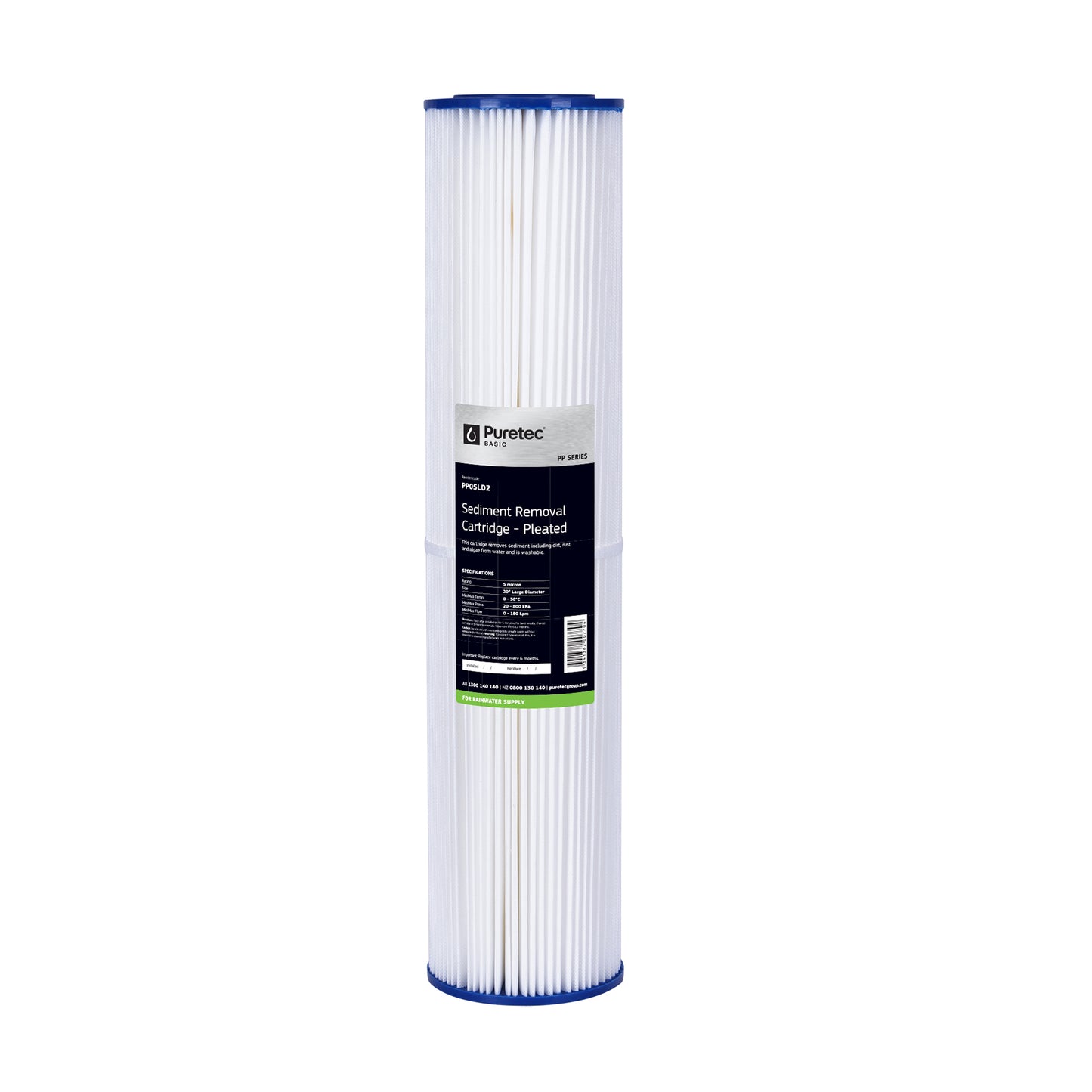 Puretec PP05LD2 Pleated Sediment Large Diameter Cartridge, 20 inch, 5um, on white