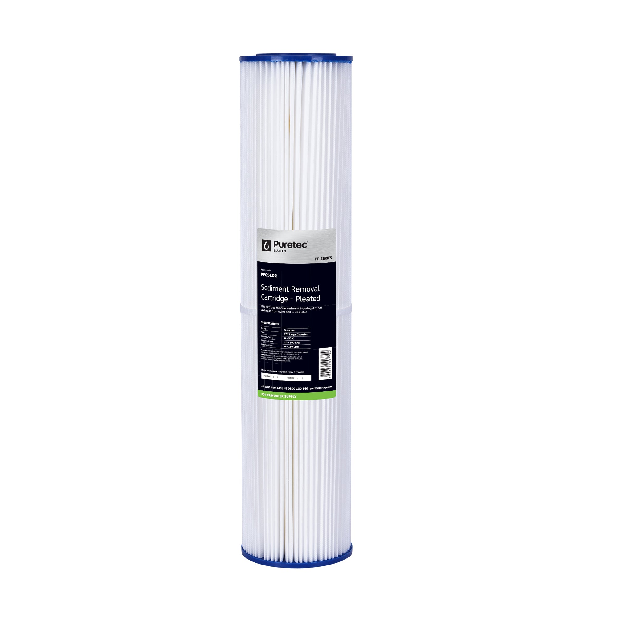 Puretec PP05LD2 Pleated Sediment Large Diameter Cartridge, 20 inch, 5um, on white
